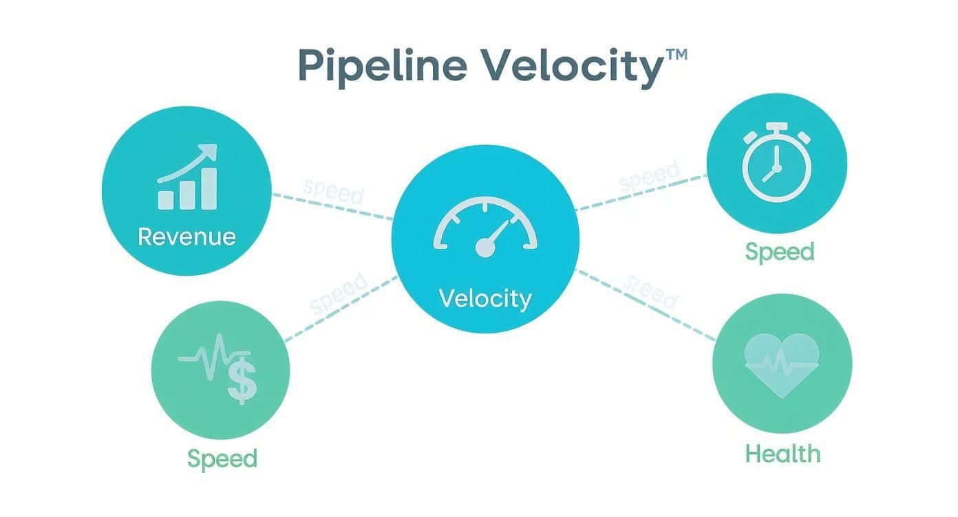 Diagram showing how pipeline velocity connects deal value, win rate, sales cycle speed, and pipeline health