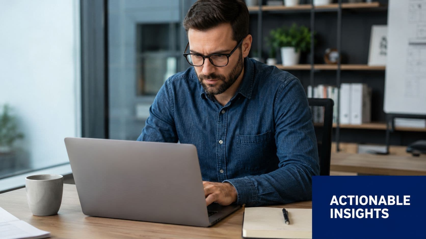 A professional man with a beard and glasses sitting at a desk and typing on a laptop.