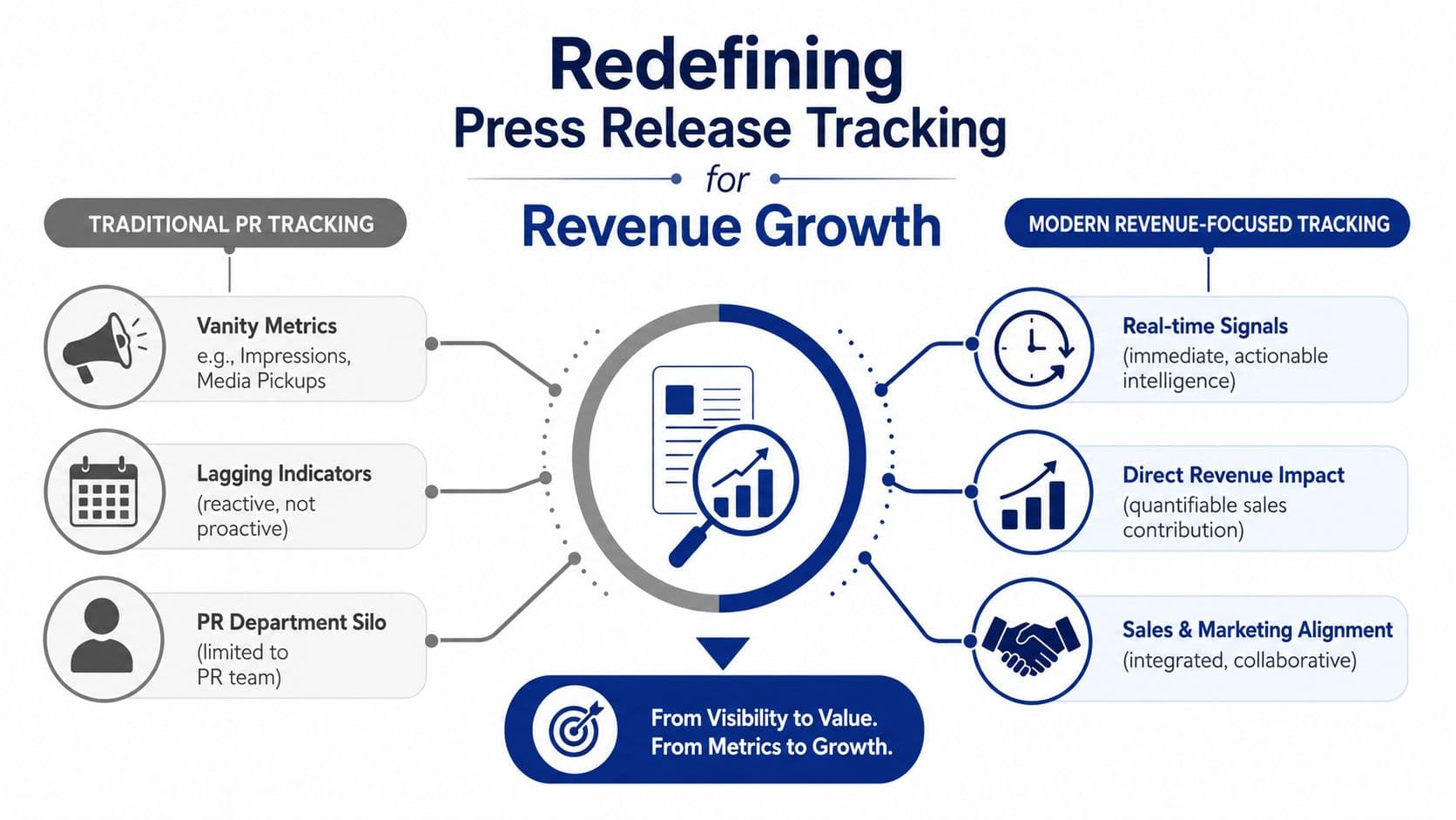 A comparison chart showing traditional PR tracking metrics versus modern revenue-focused press release tracking and growth strategies.