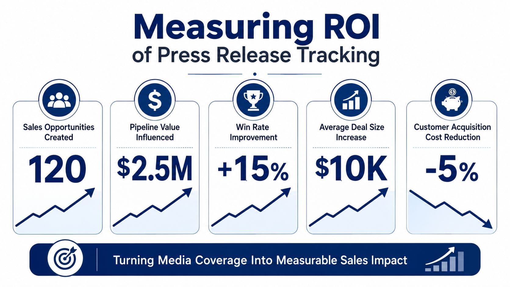 An infographic showing five key metrics for measuring the return on investment of press release tracking strategies.