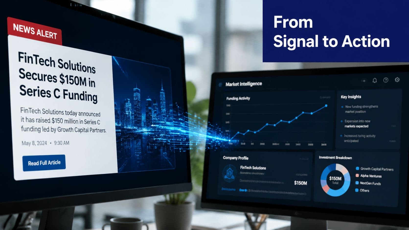 A digital display showing a business news alert and market intelligence dashboard for corporate financial analysis.