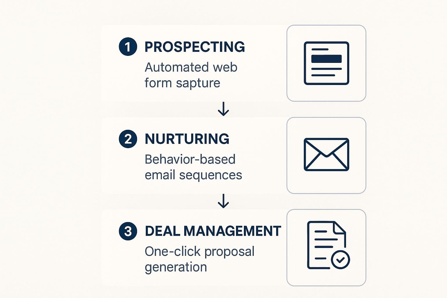 Flowchart showing an automated sales workflow connecting lead capture, nurturing, and handoff stages