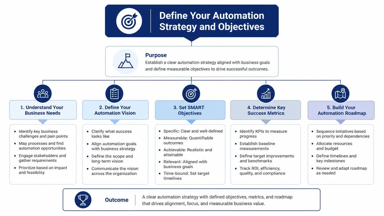 A flowchart showing five key steps to define an effective business automation strategy and objectives.