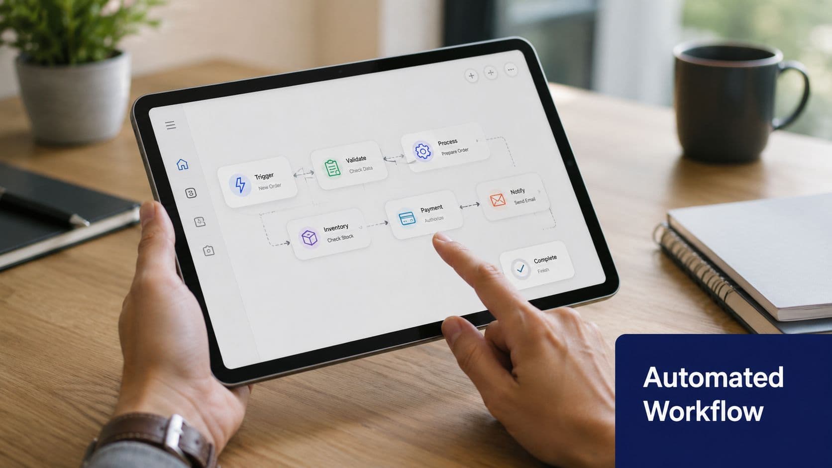 A person using a tablet to manage an automated business workflow process with various task steps.