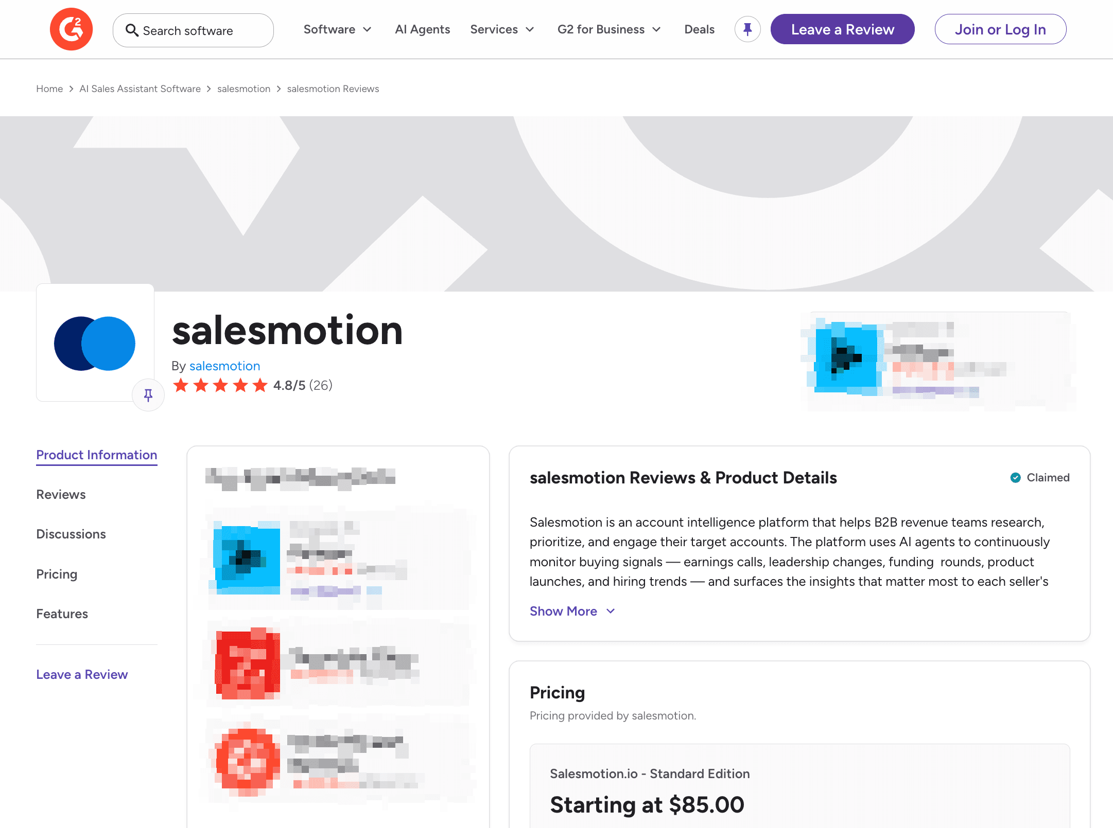 Salesmotion G2 profile with 4.8 out of 5 stars from verified user reviews