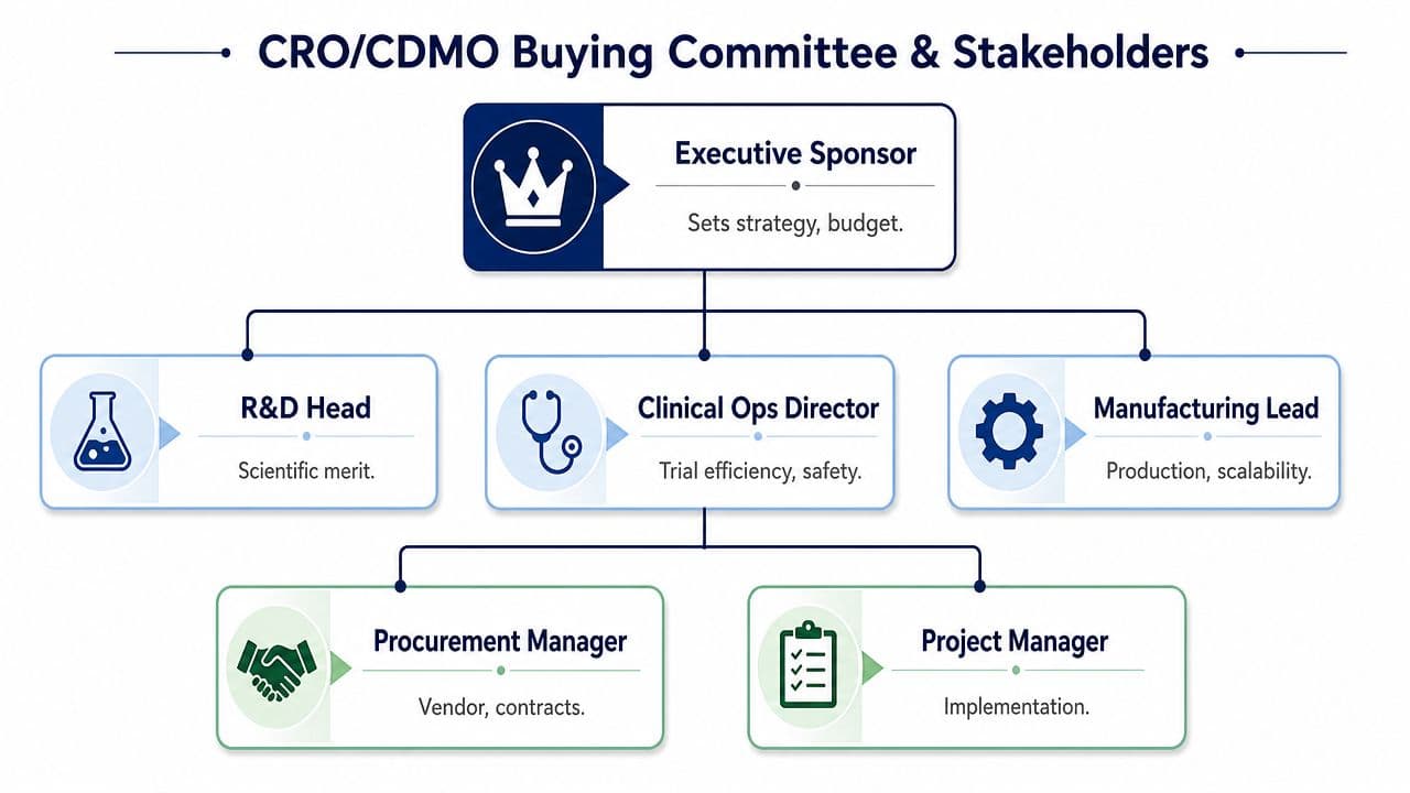 An organizational chart depicting key roles and stakeholders involved in a CRO or CDMO buying committee.