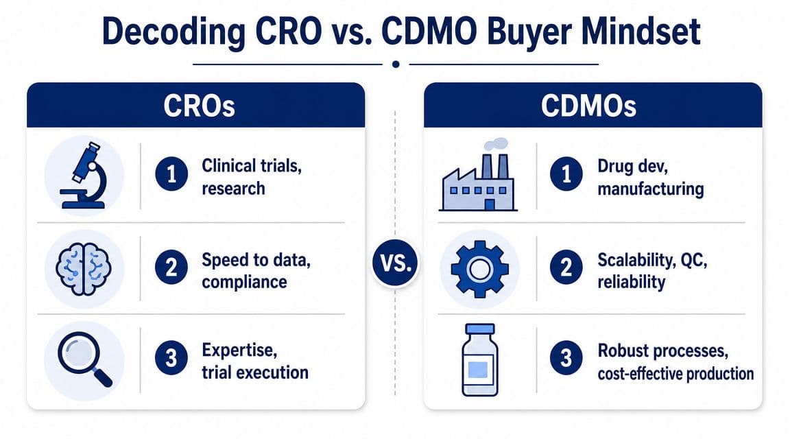 A comparison chart outlining key priorities for buyers in CRO and CDMO service sectors.