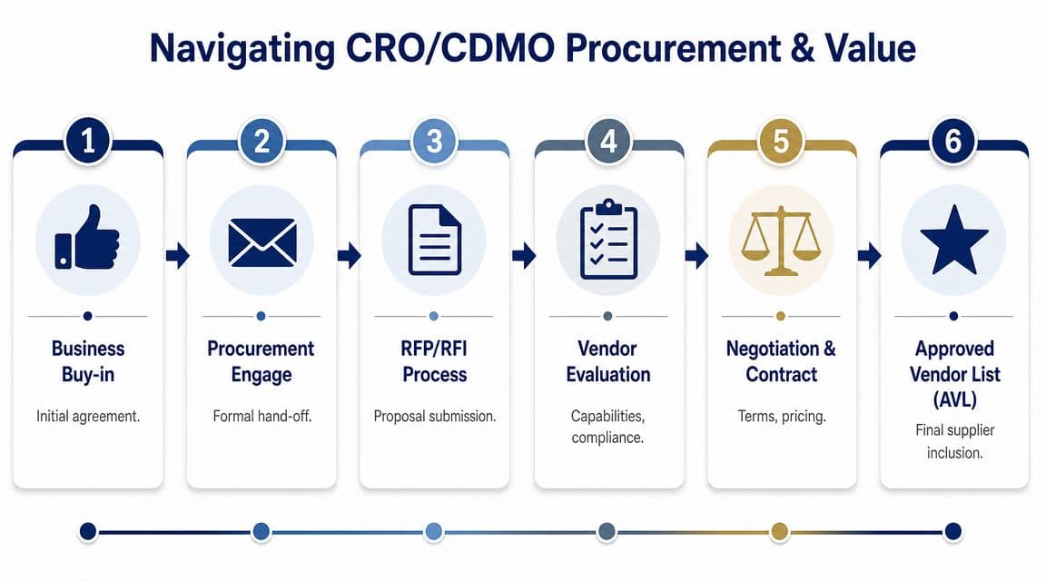 A six-step infographic illustrating the professional procurement process for CRO and CDMO vendor partnerships.