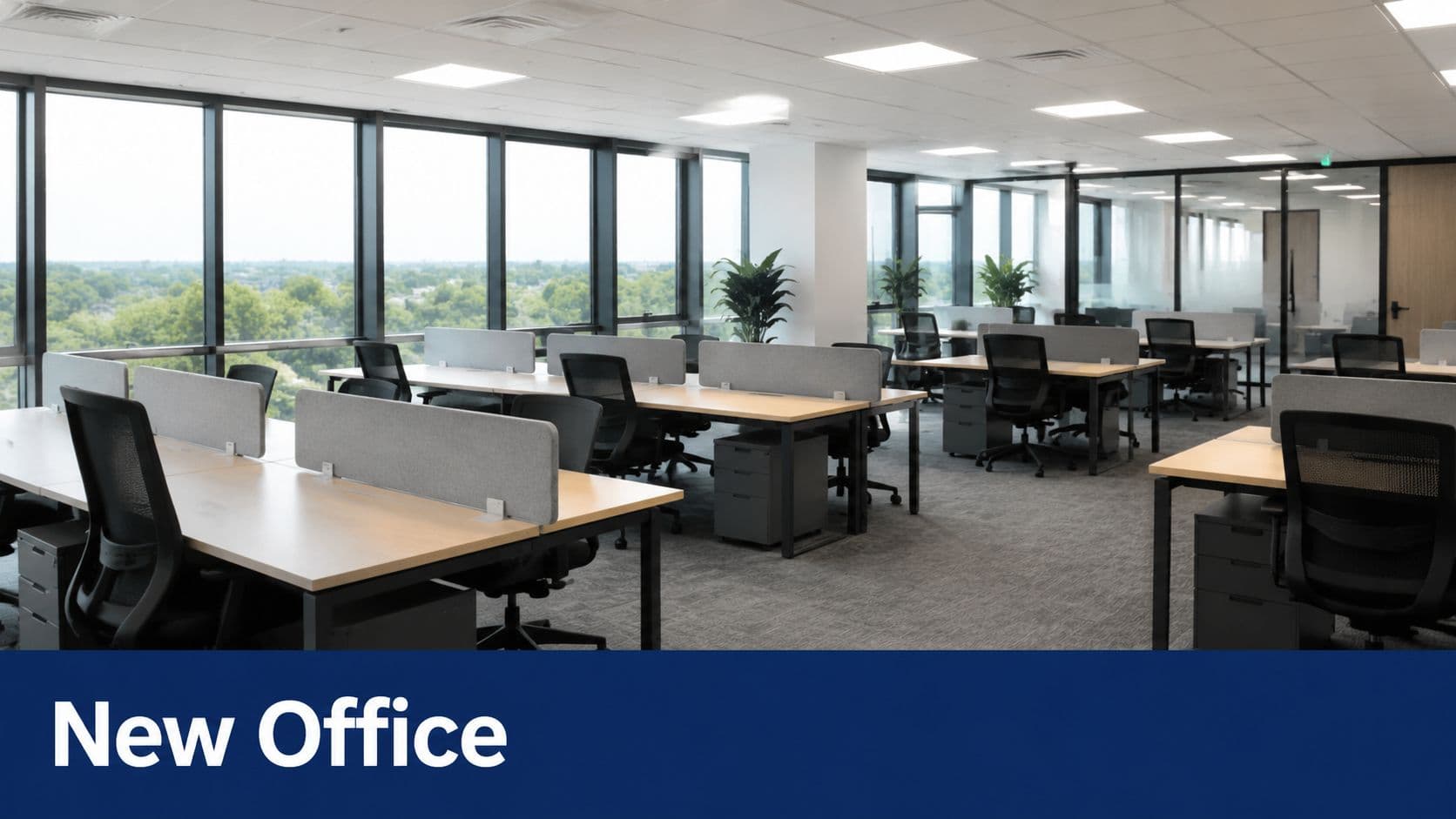 A bright, modern office space featuring rows of clean wooden desks with black chairs and grey privacy screens.