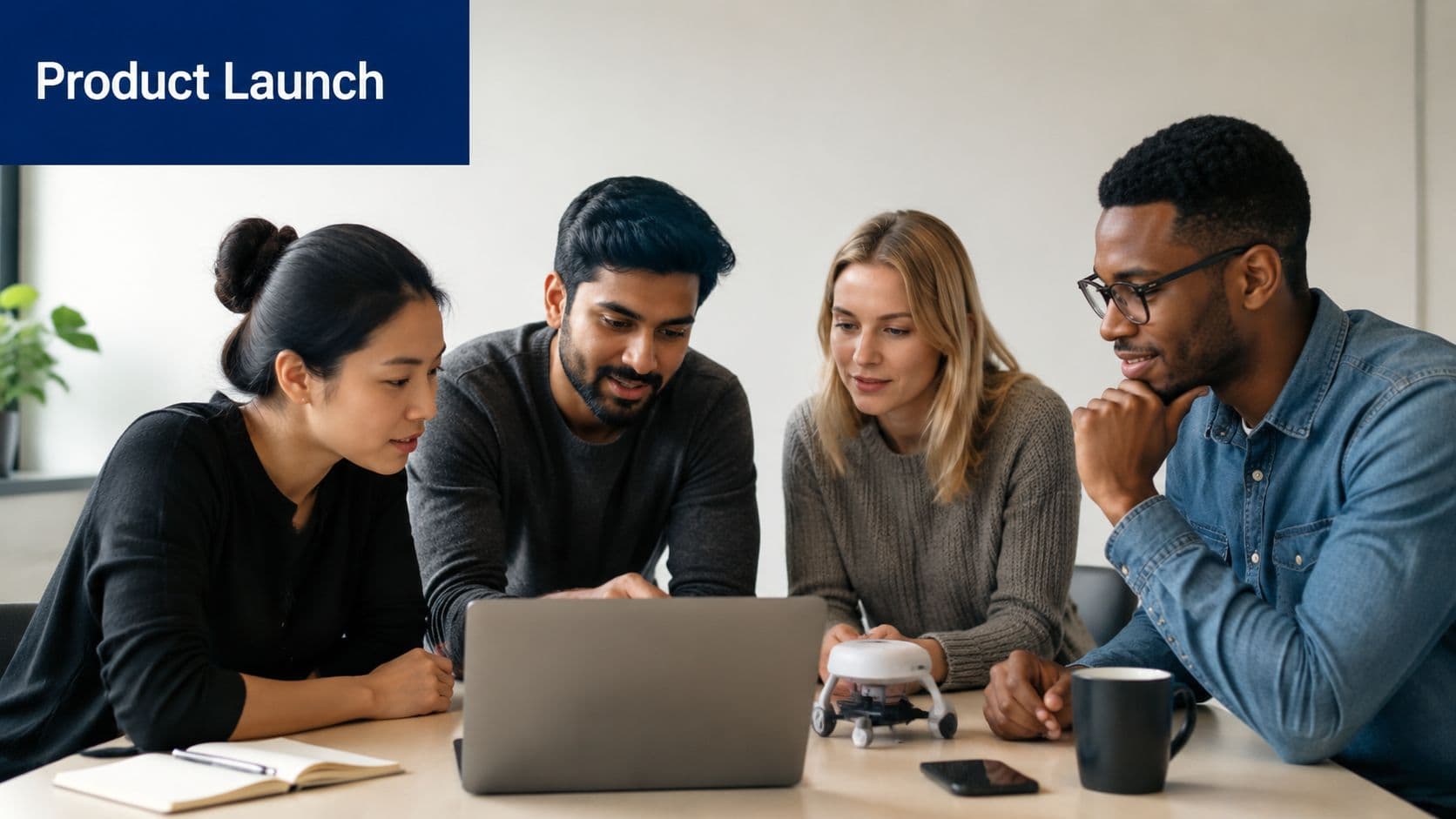 A diverse team of four professionals collaborating around a laptop during a productive office meeting.