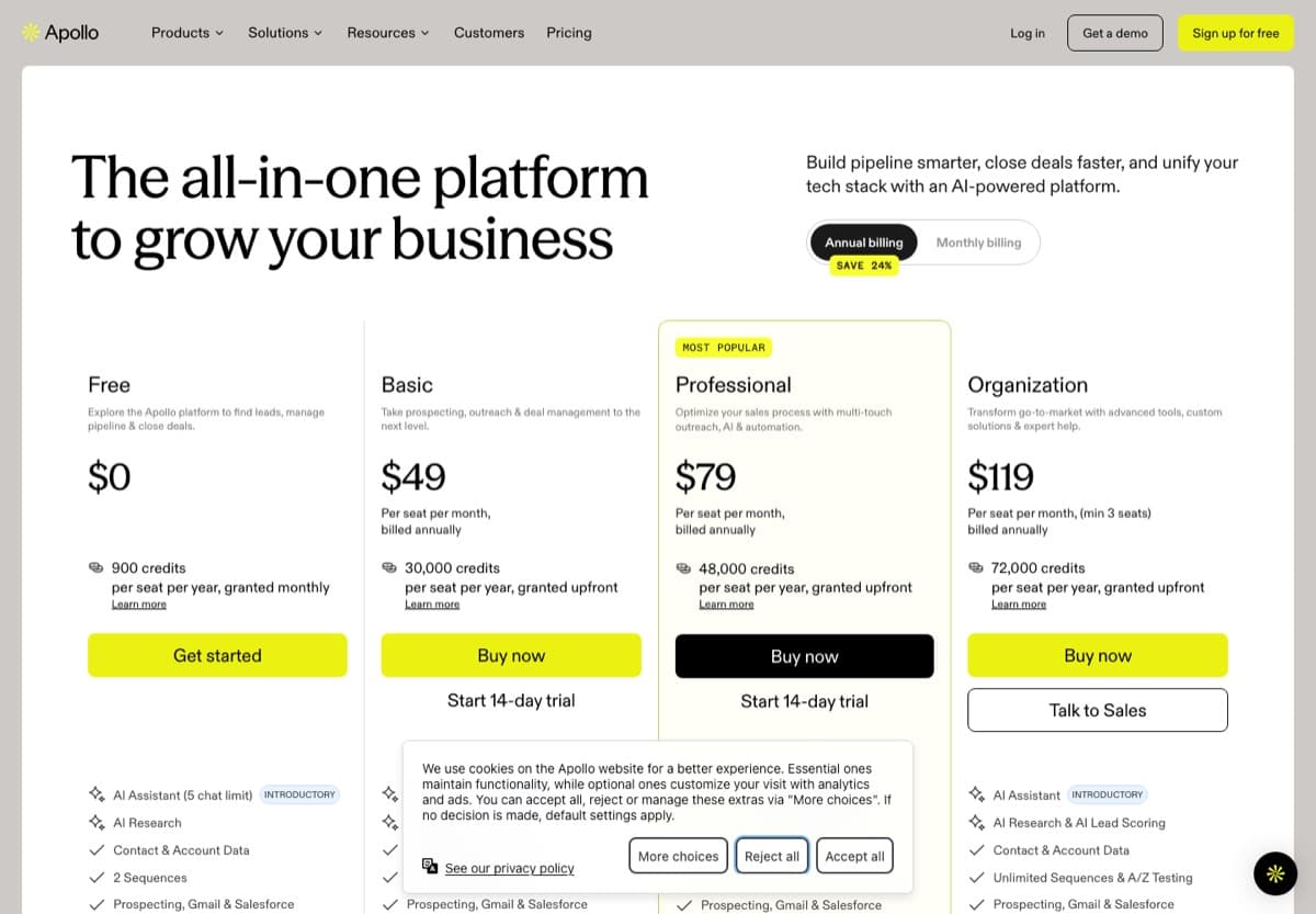 Apollo.io pricing page, captured 24 October 2026