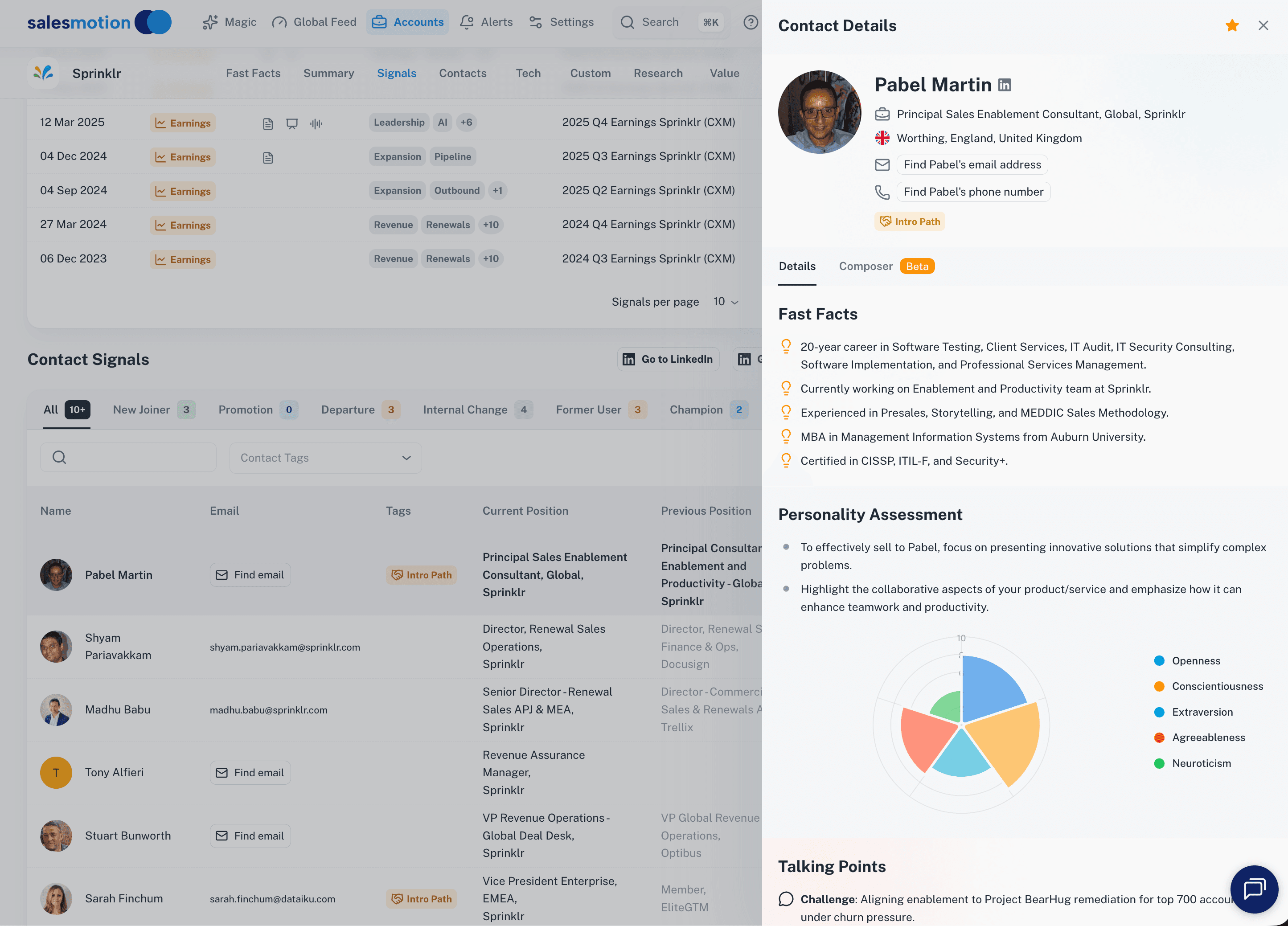 Salesmotion account contacts view showing verified contact data with full account context