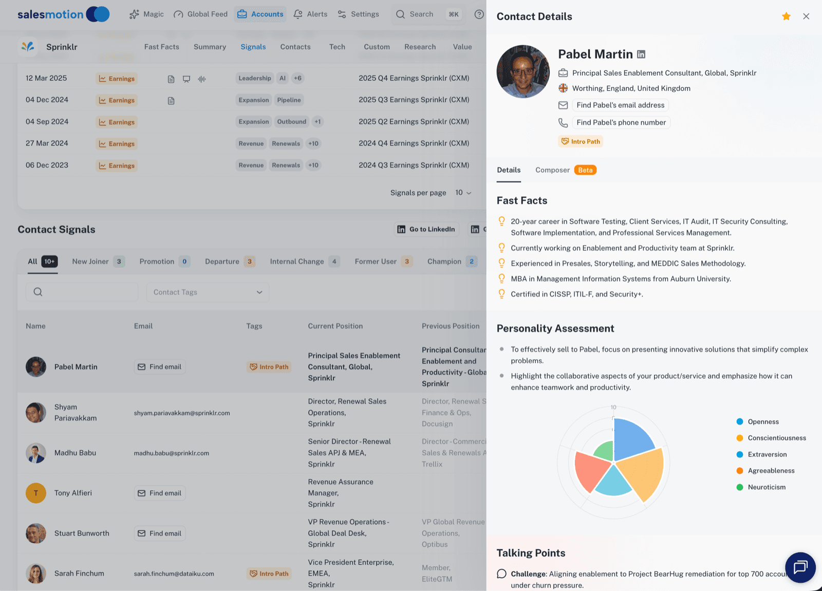 Salesmotion account contacts view showing verified contact data with full account context