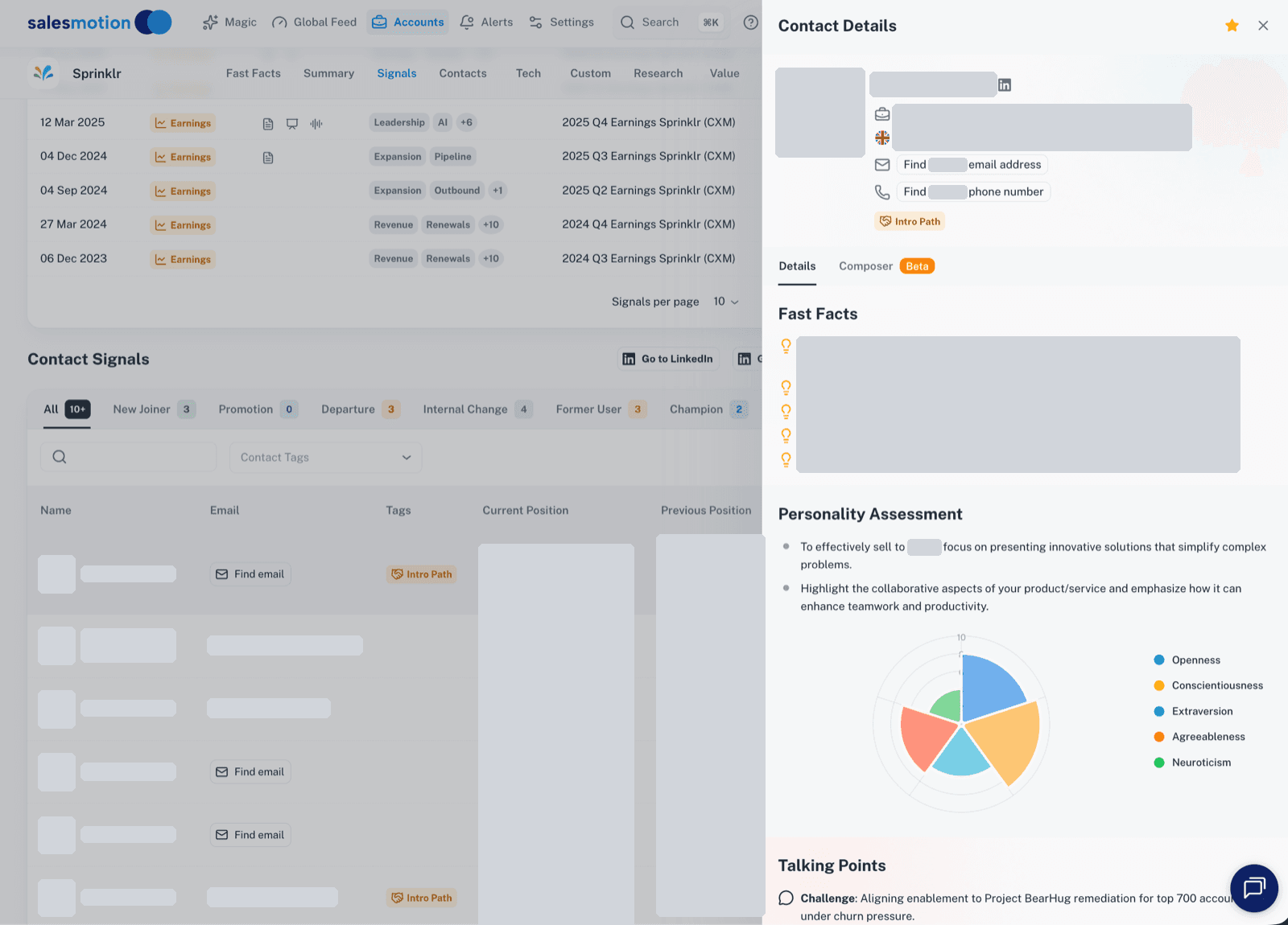 Salesmotion account contacts view showing verified contact data with full account context
