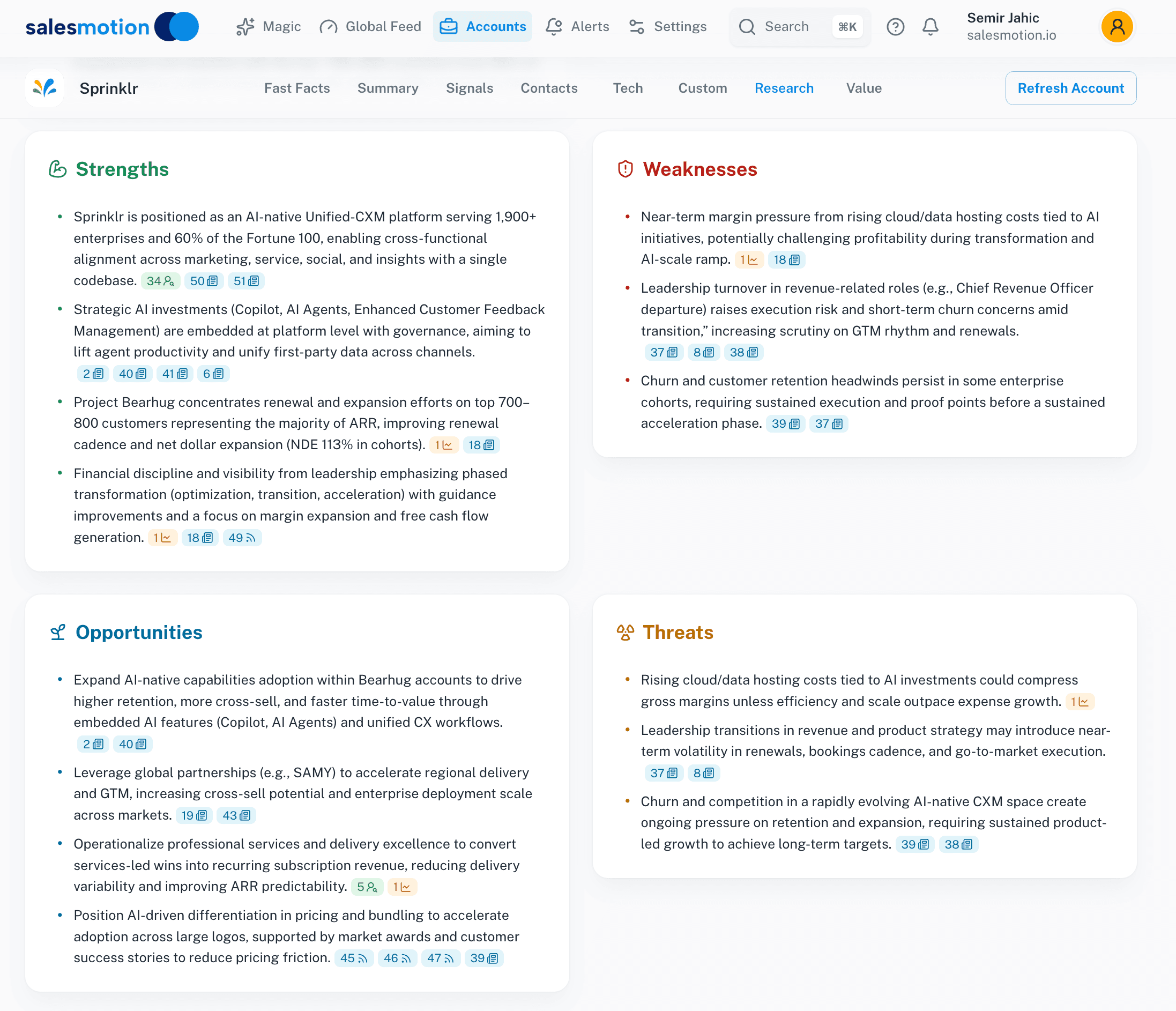 Salesmotion SWOT analysis view showing AI-generated competitive research for a target account