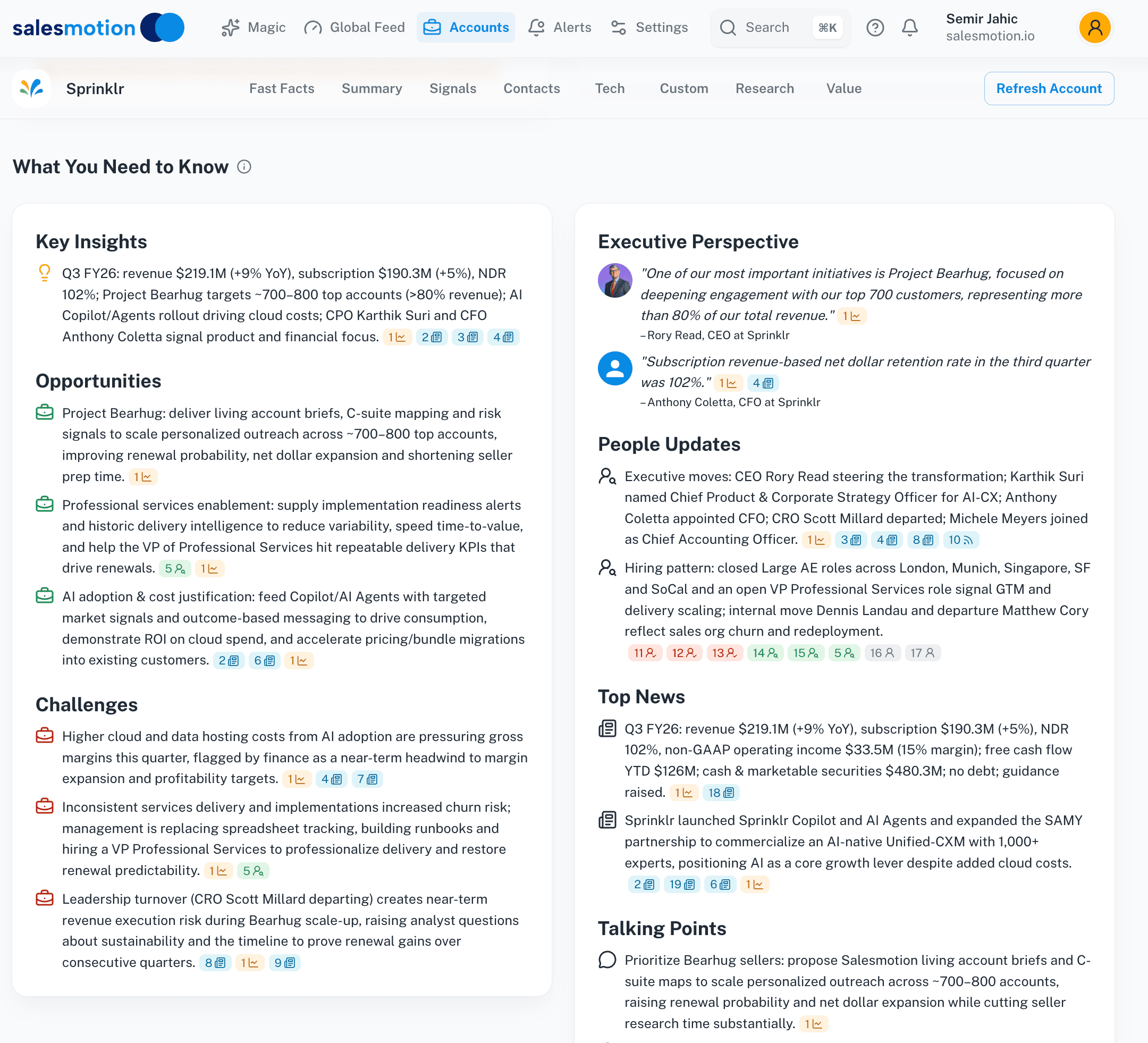 Salesmotion account summary showing AI-generated intelligence brief for a target account