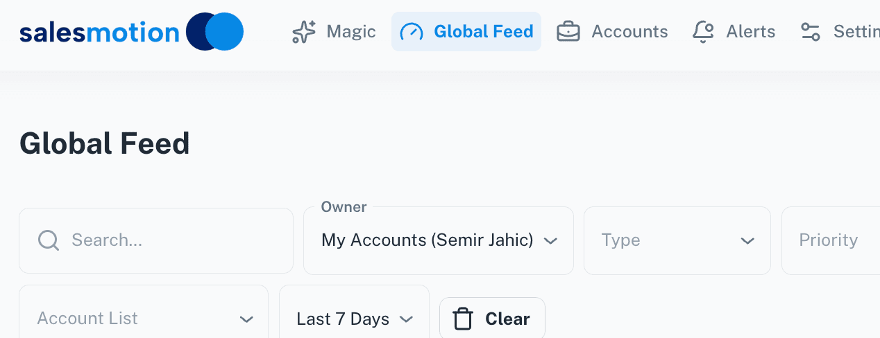 Salesmotion signal feed with filters showing real-time buying signal monitoring