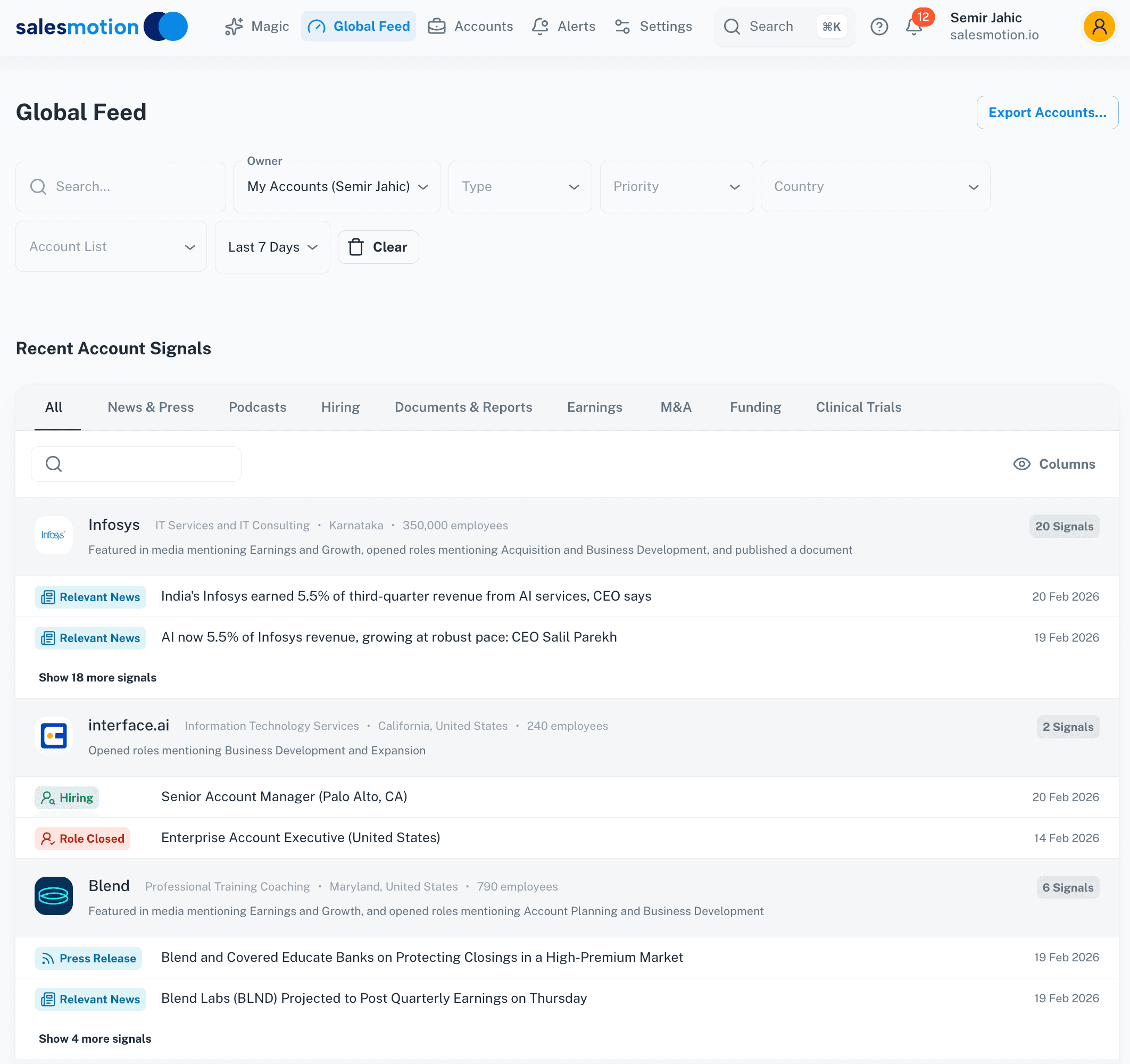 Salesmotion global signal feed showing real-time buying signals across monitored accounts