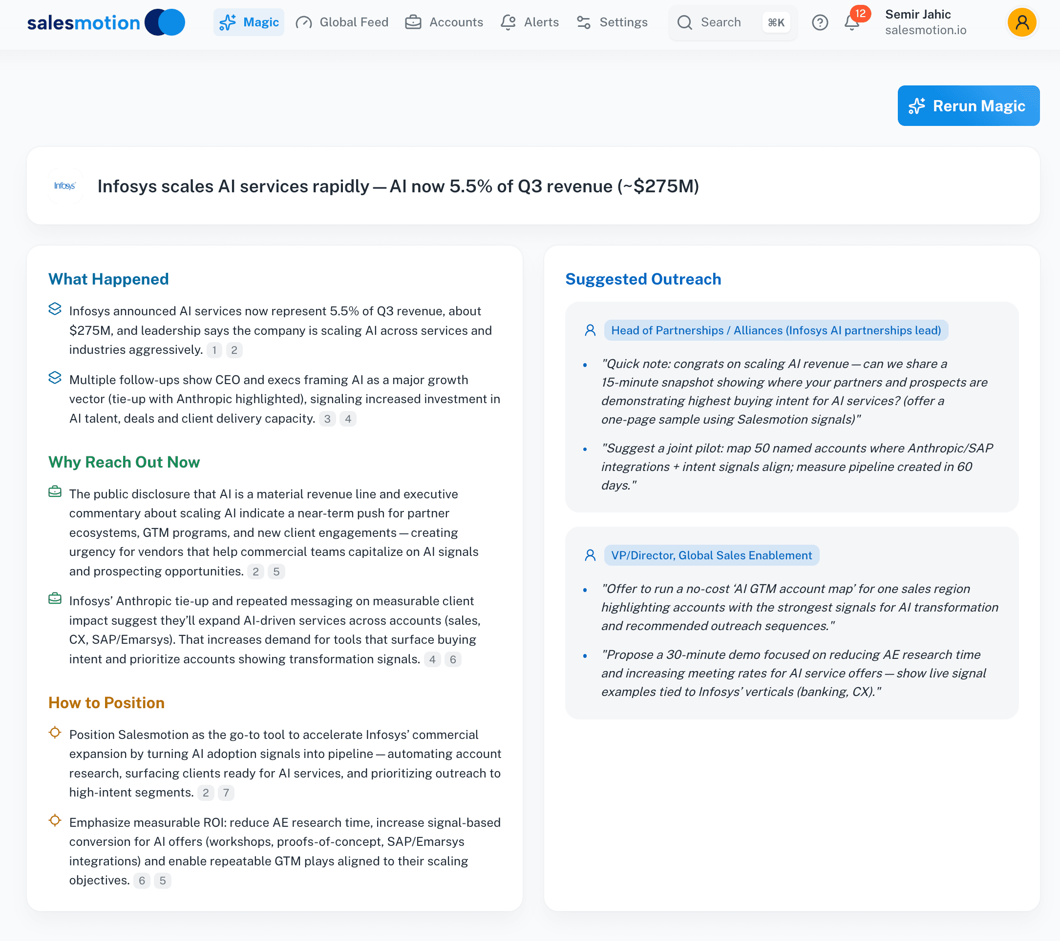 Salesmotion Magic insight showing AI-generated account analysis with key talking points