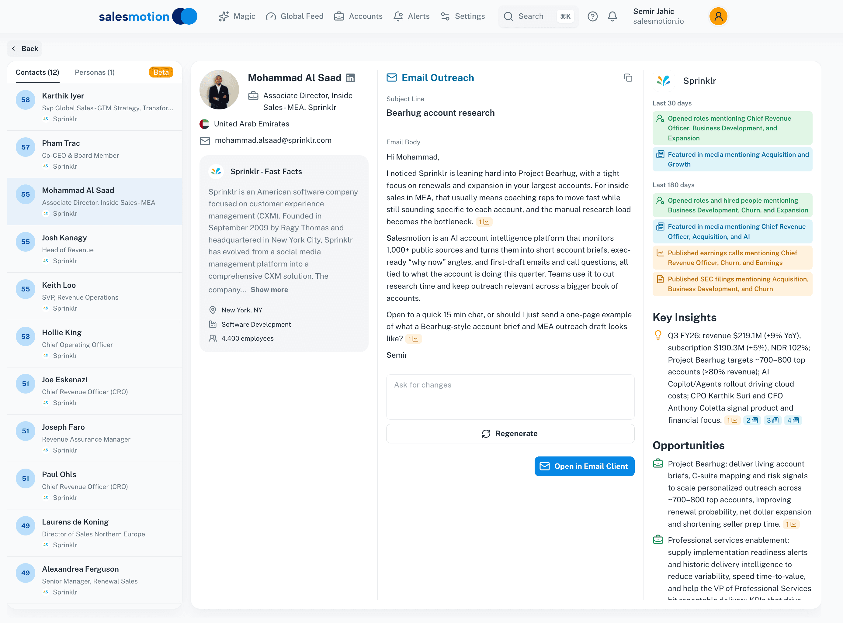 Salesmotion prospect module showing AI-drafted outreach email anchored to real account research