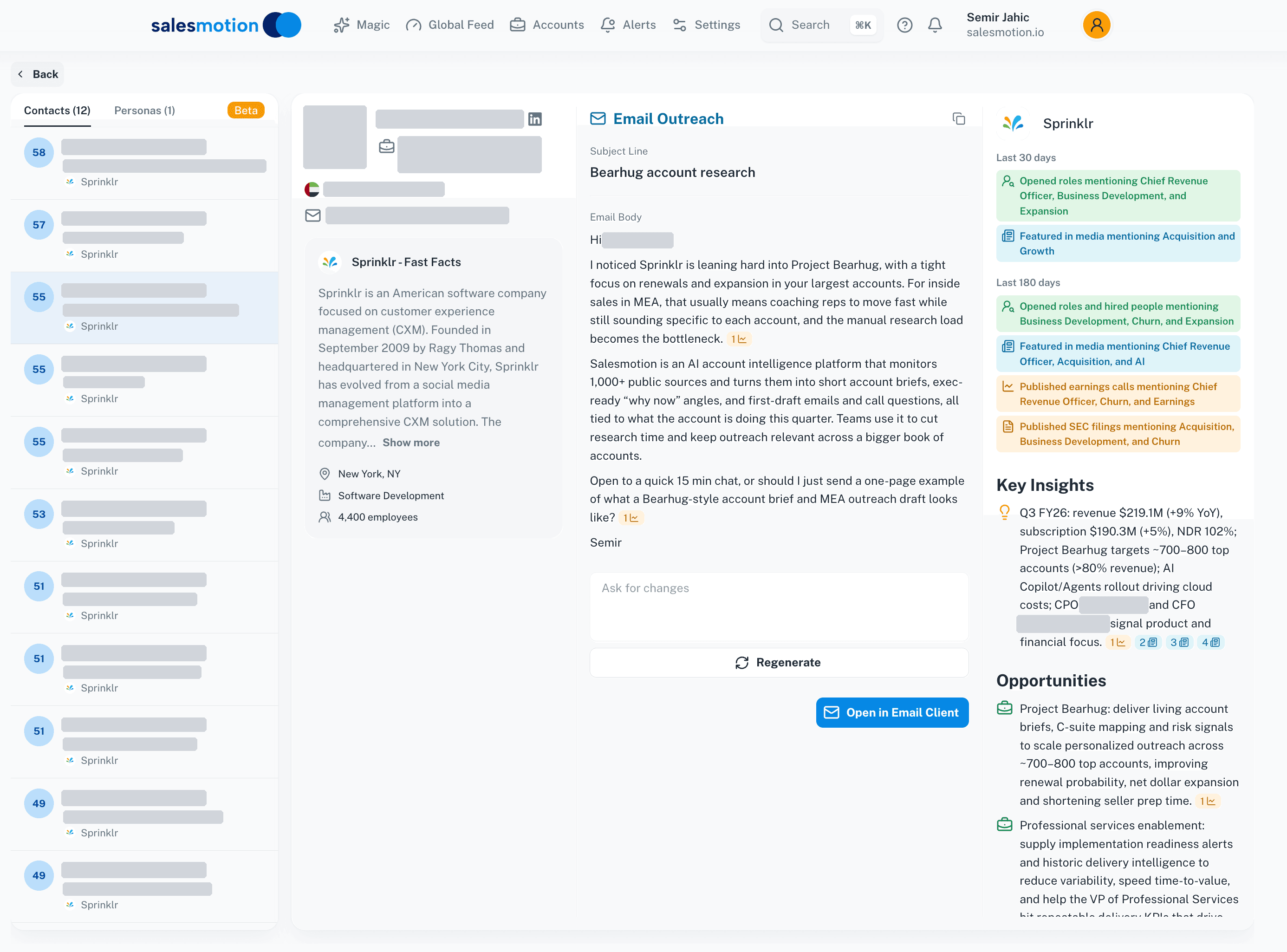 Salesmotion prospect module showing AI-drafted outreach email anchored to real account research