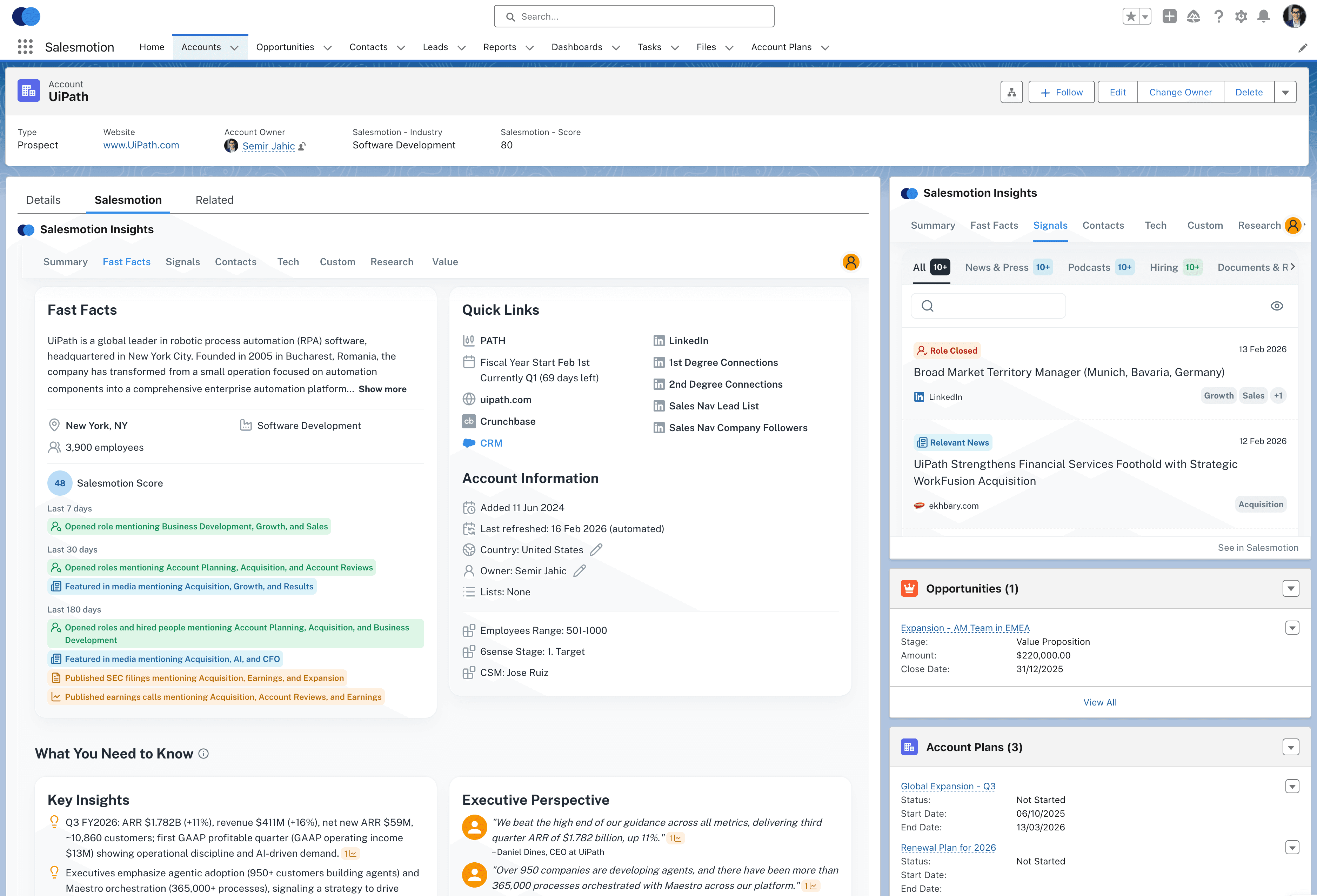 Salesmotion intelligence embedded natively inside a Salesforce account record