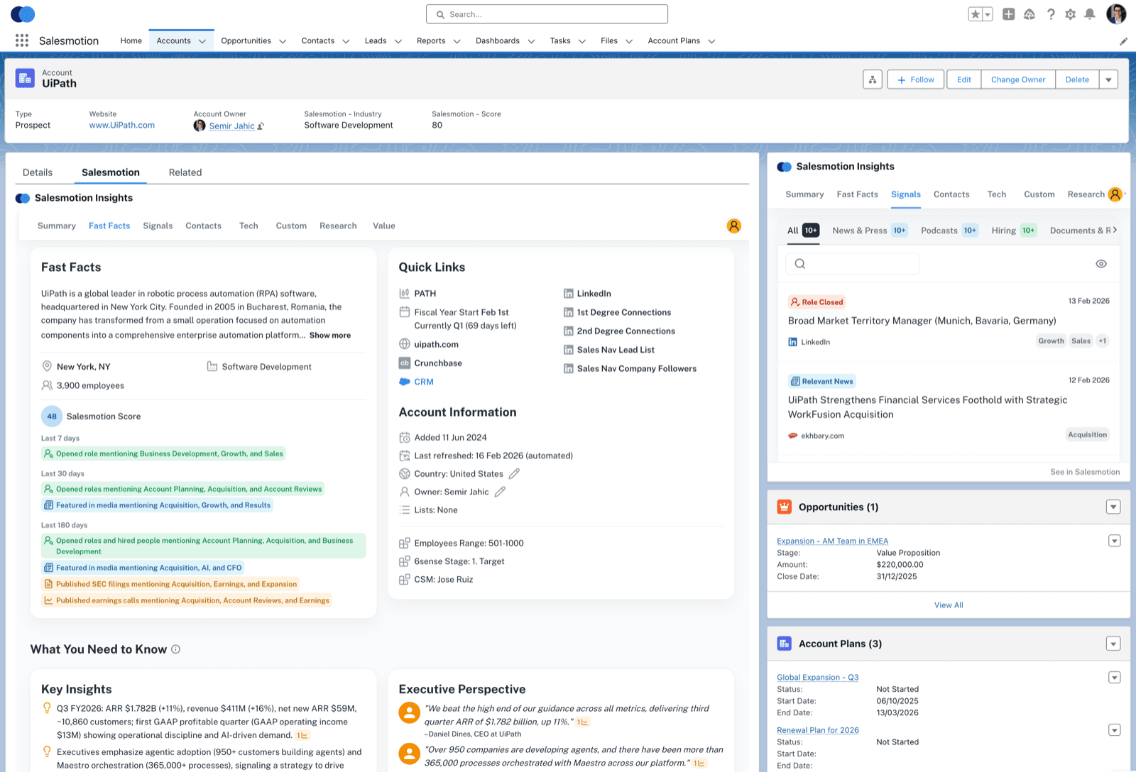 Salesmotion account intelligence embedded natively inside a Salesforce account record