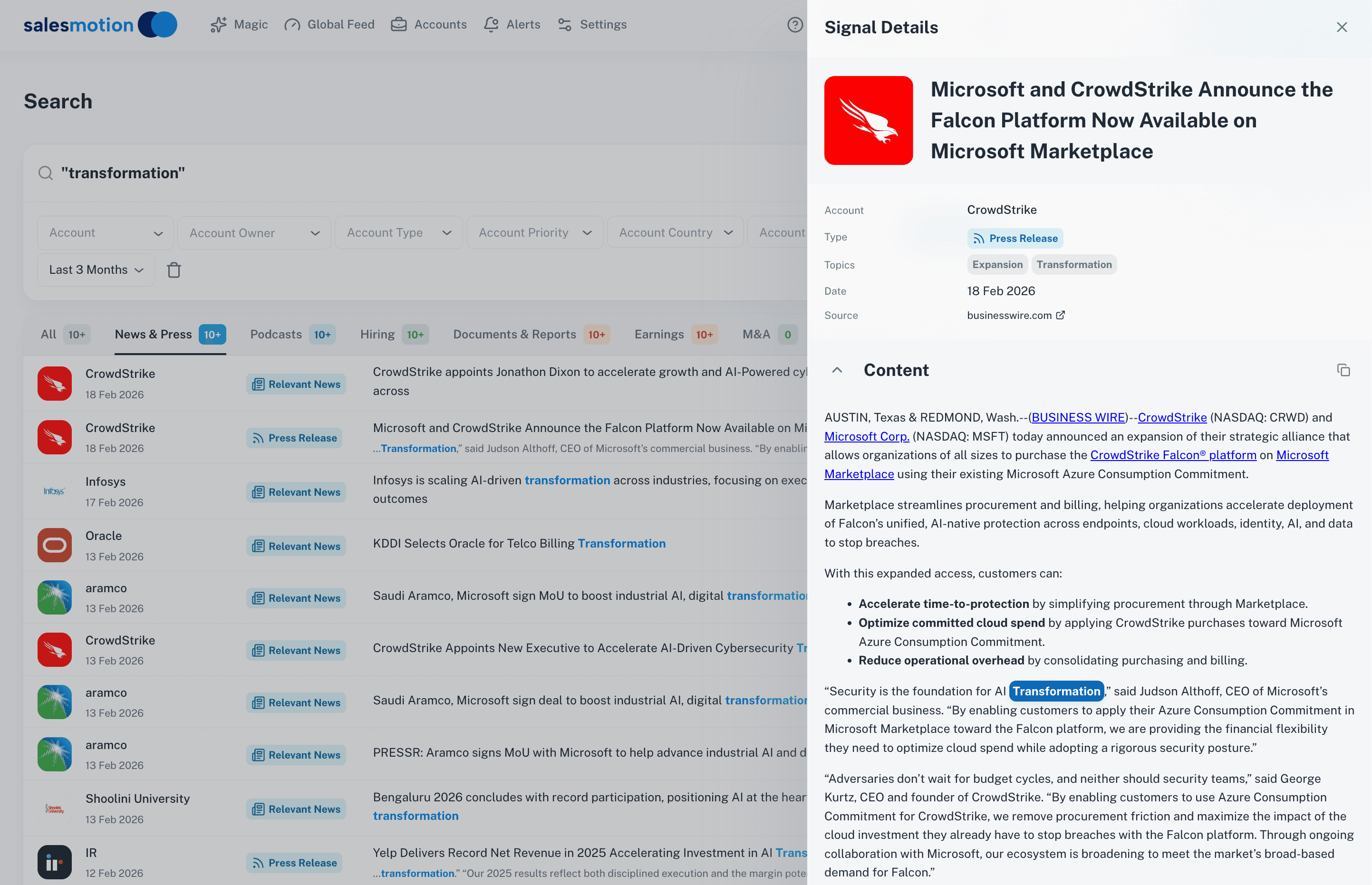 Salesmotion search showing detailed news intelligence for competitive monitoring