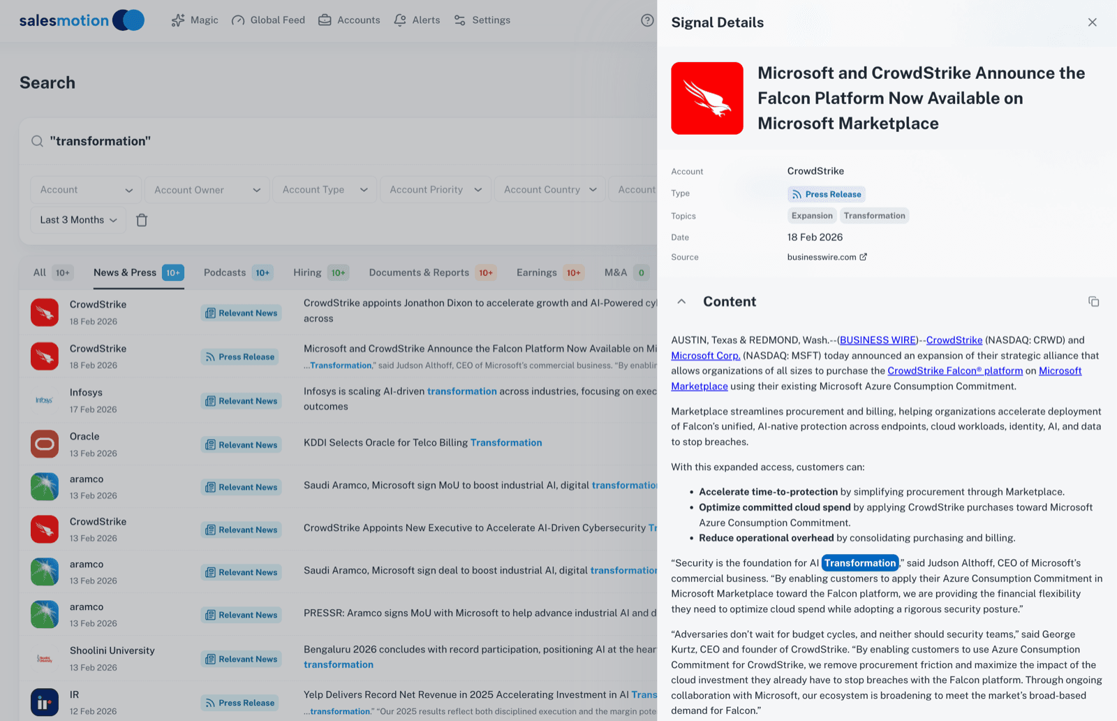 Salesmotion search showing detailed news intelligence for competitive monitoring