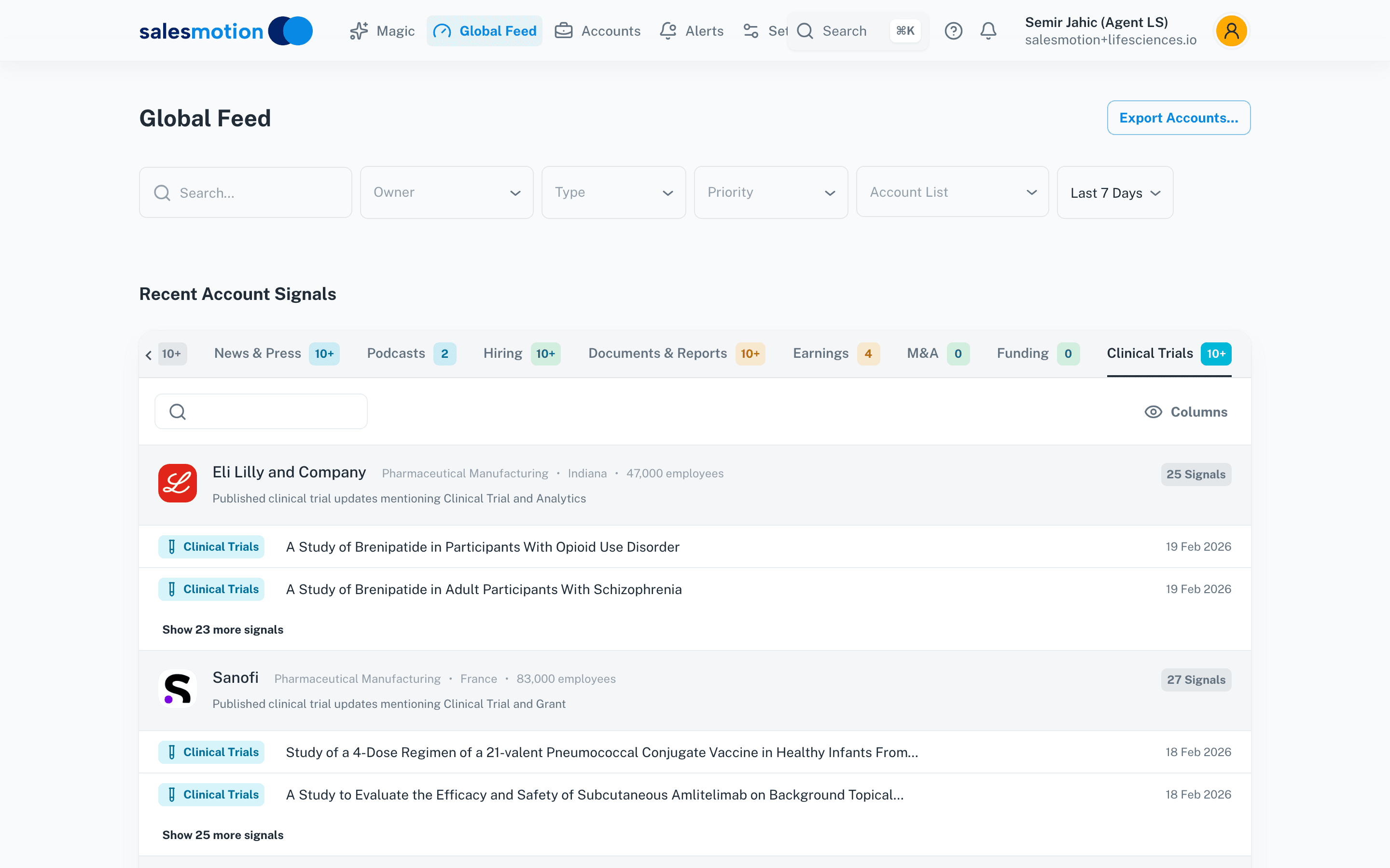 Salesmotion discovery view ranking drug developers and clinical trials by fit, filtered by therapeutic area, phase, and modality