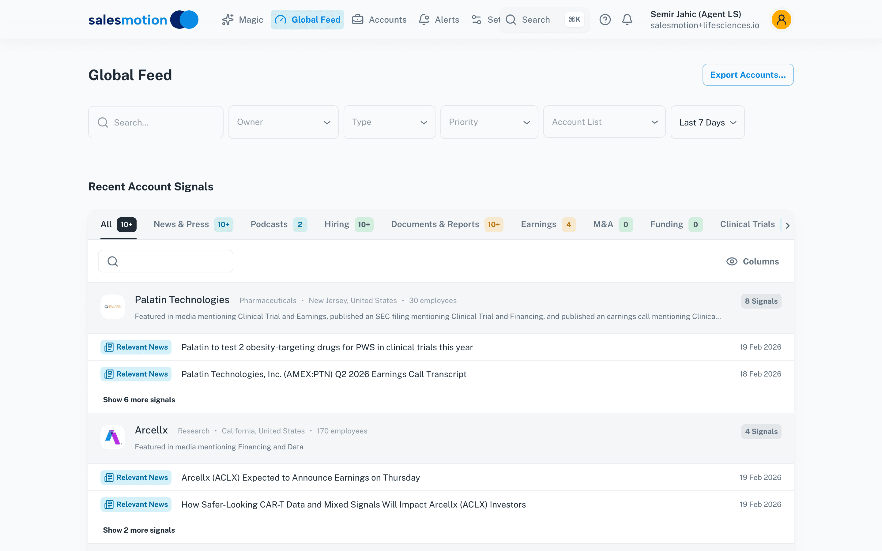 Salesmotion life sciences signal feed showing clinical trial, funding, and news signals across sponsor accounts