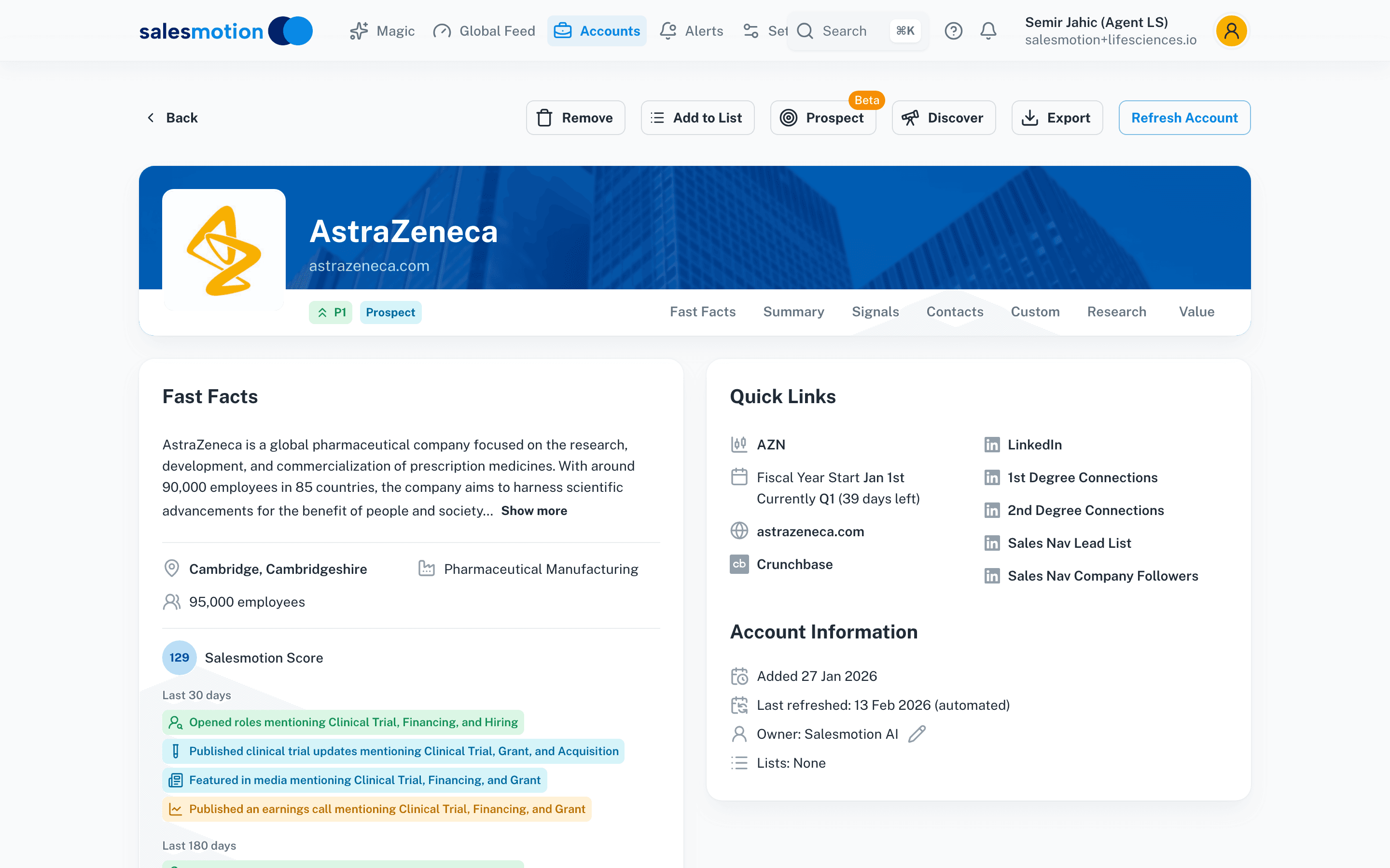 Salesmotion AI-generated account brief for a major pharma company showing key insights and talking points