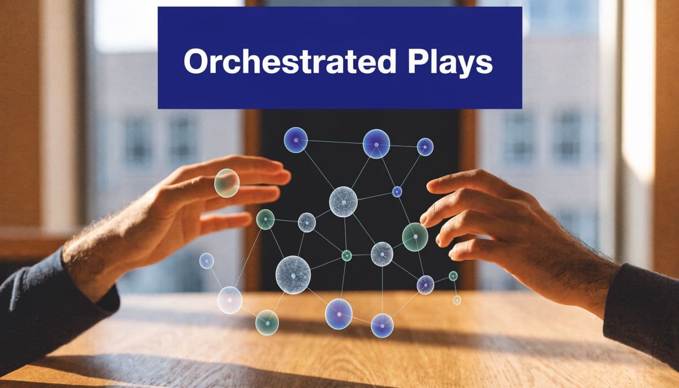 A conceptual image showing two hands reaching toward a glowing digital network of interconnected nodes and lines.