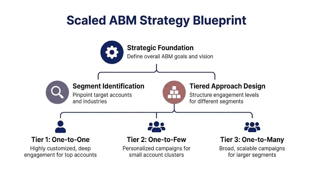 A diagram illustrating a scaled ABM strategy blueprint, featuring a strategic foundation, segment identification, and three tiered engagement levels.