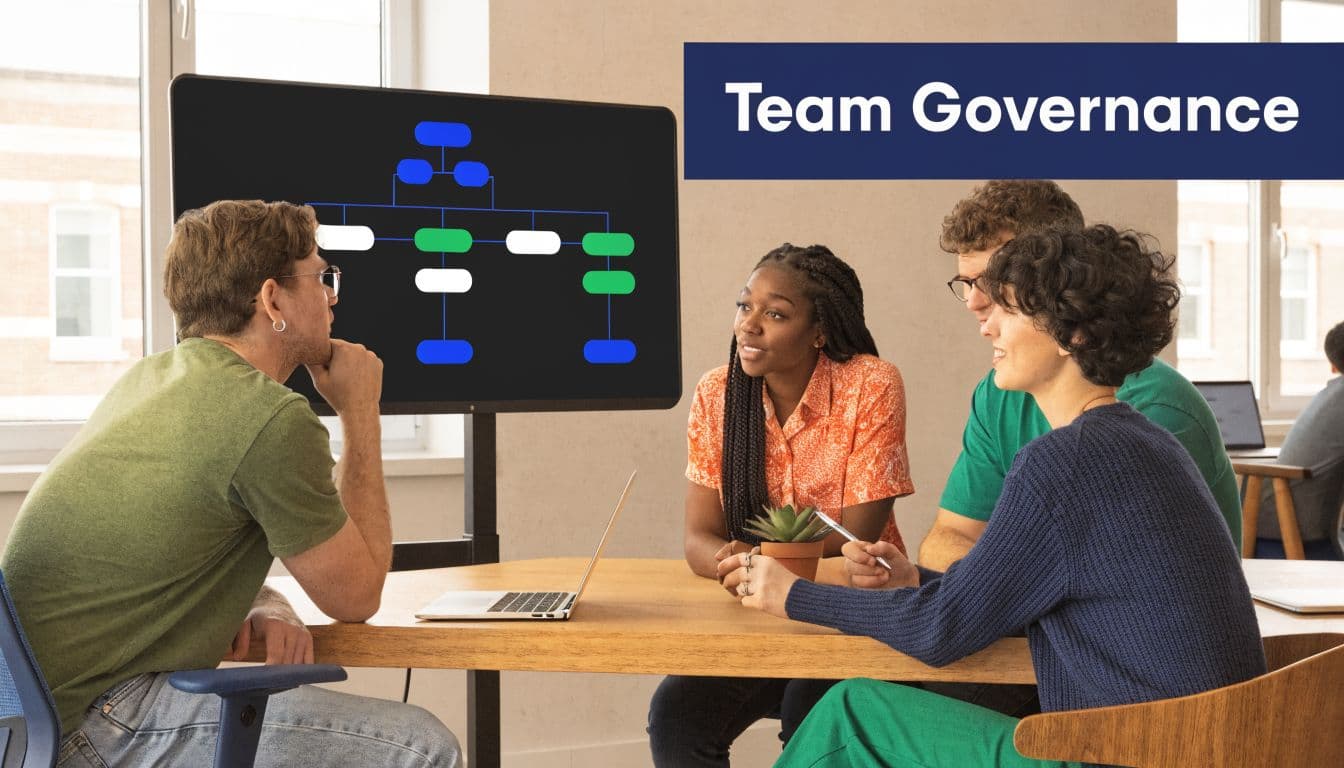 A diverse team collaboratively discussing a team governance organizational chart displayed on a large screen monitor.