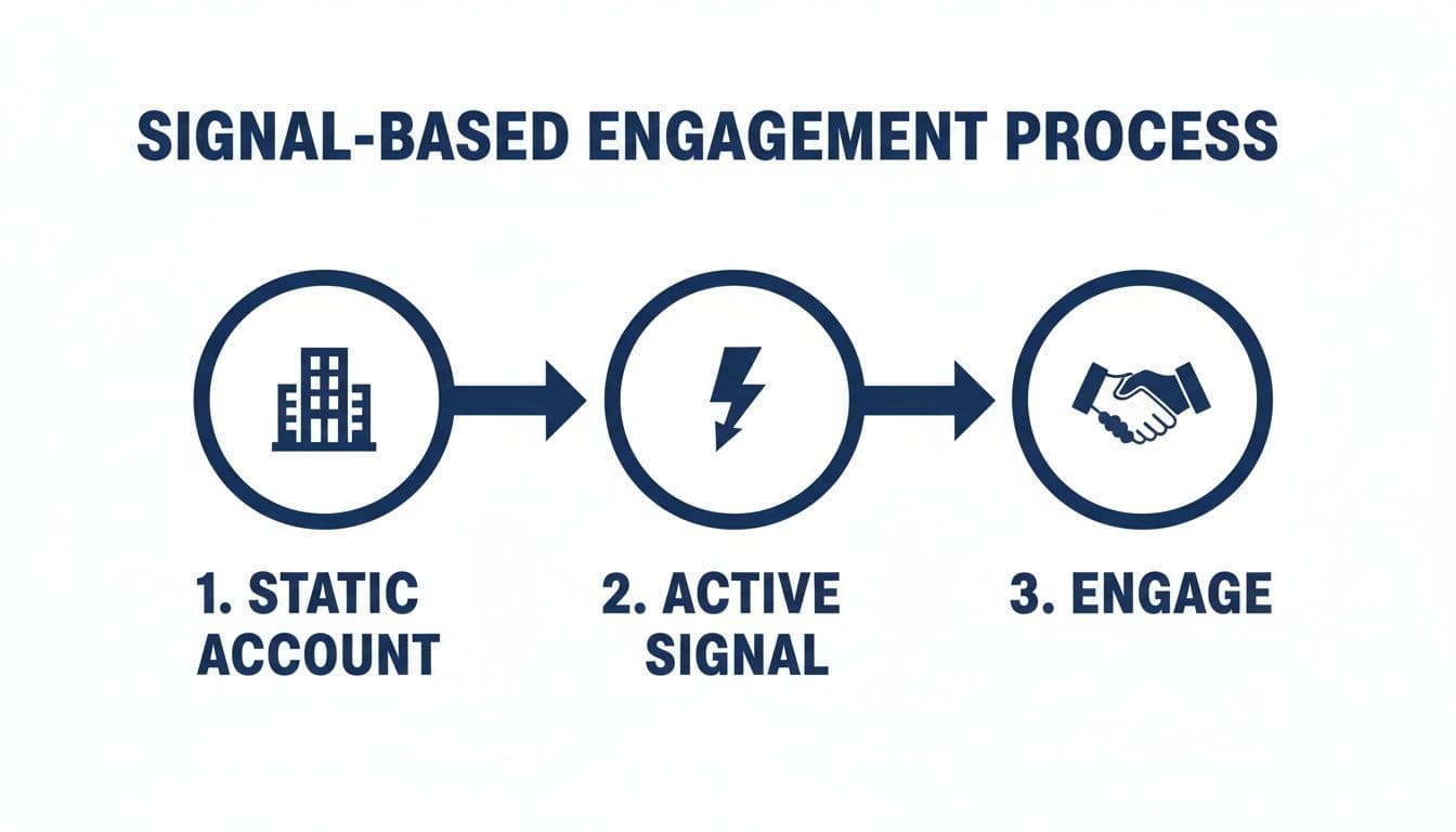 A three-step signal-based engagement process flowchart showing Static Account, Active Signal, and Engage.