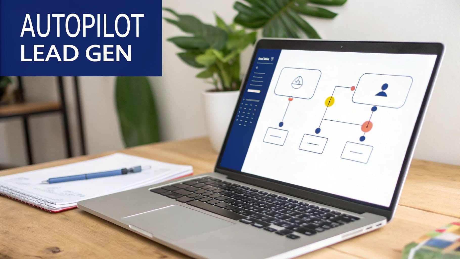 Laptop displaying a lead generation workflow diagram on a wooden desk with a notebook and pen.