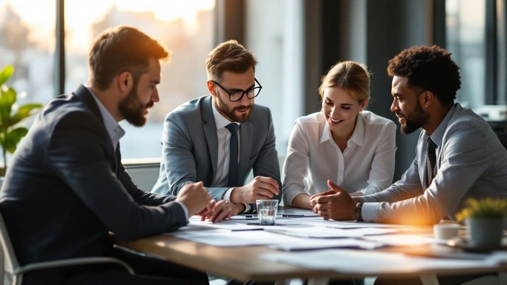 Sales and marketing team members discussing a target account plan around a meeting table