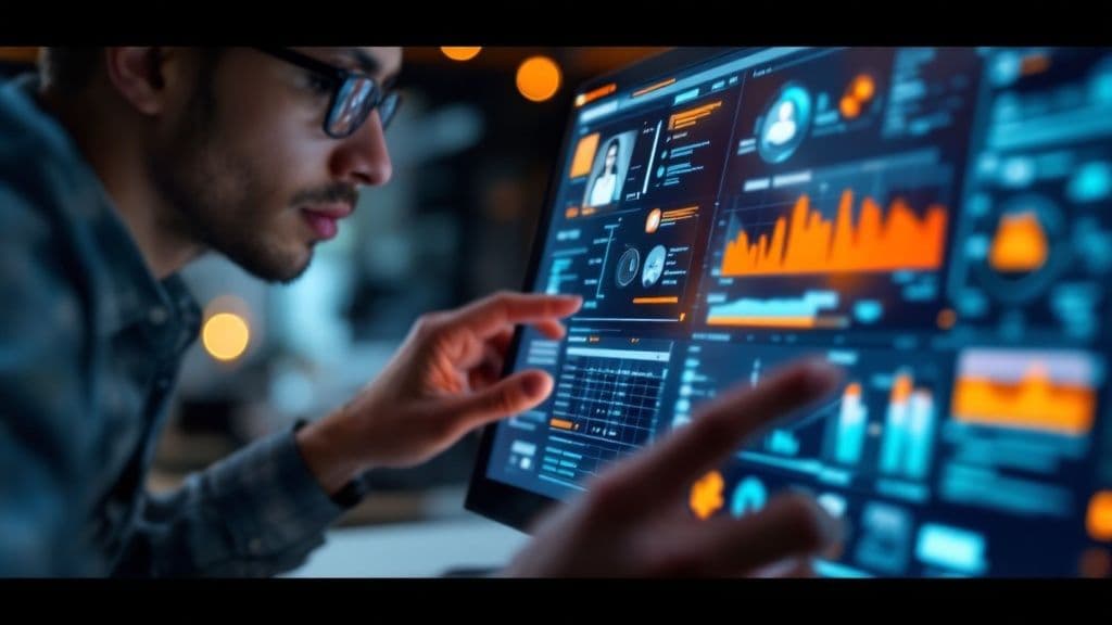 Analyst reviewing account engagement charts on a large touchscreen dashboard