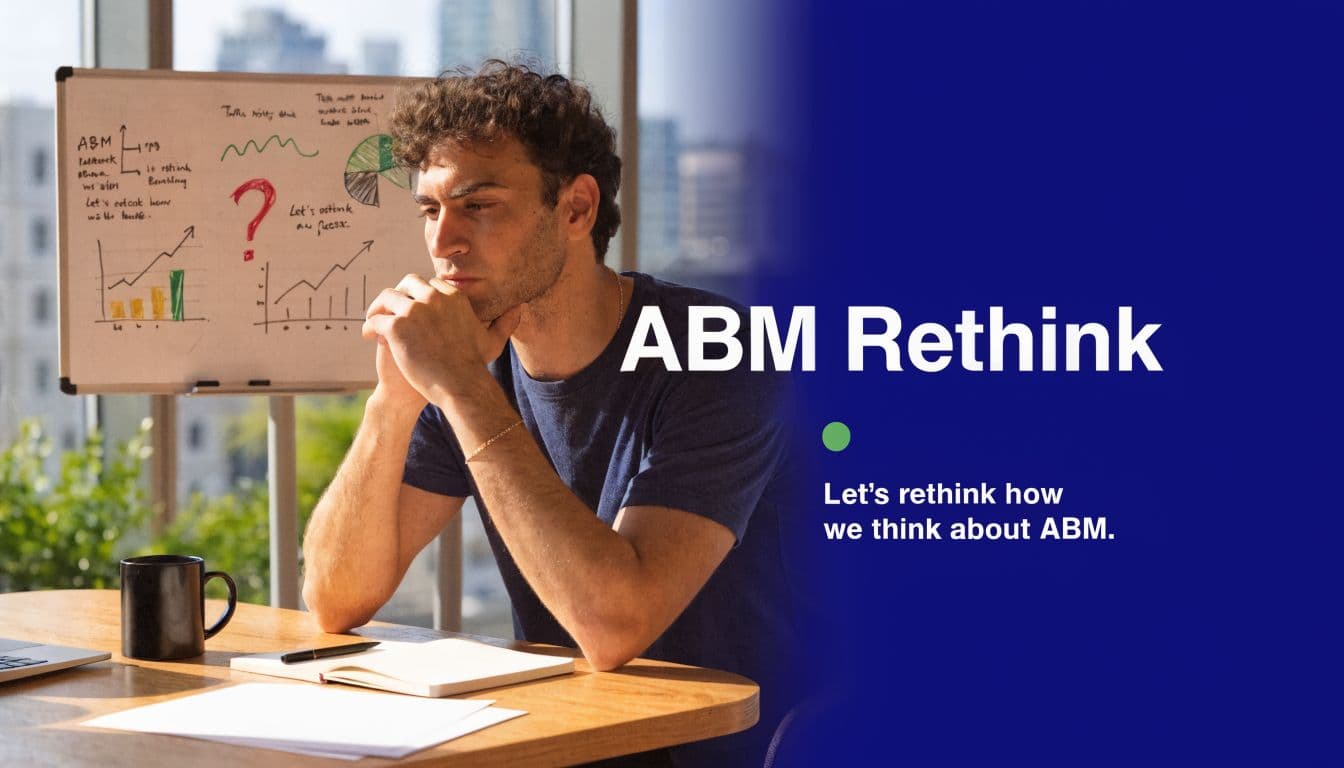 A pensive man sitting at a desk with a whiteboard featuring ABM charts and business diagrams.