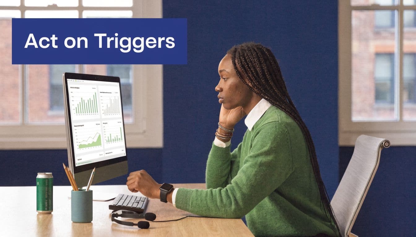 A professional woman working on a computer displaying data analytics at a modern office desk.