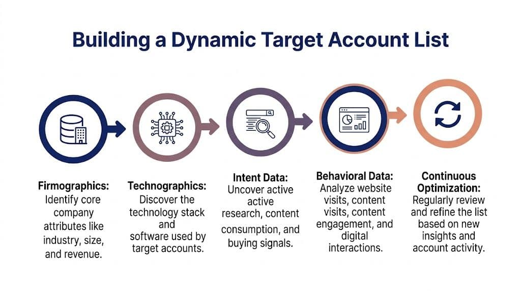 A five-step process diagram illustrating how to build a dynamic target account list for marketing.