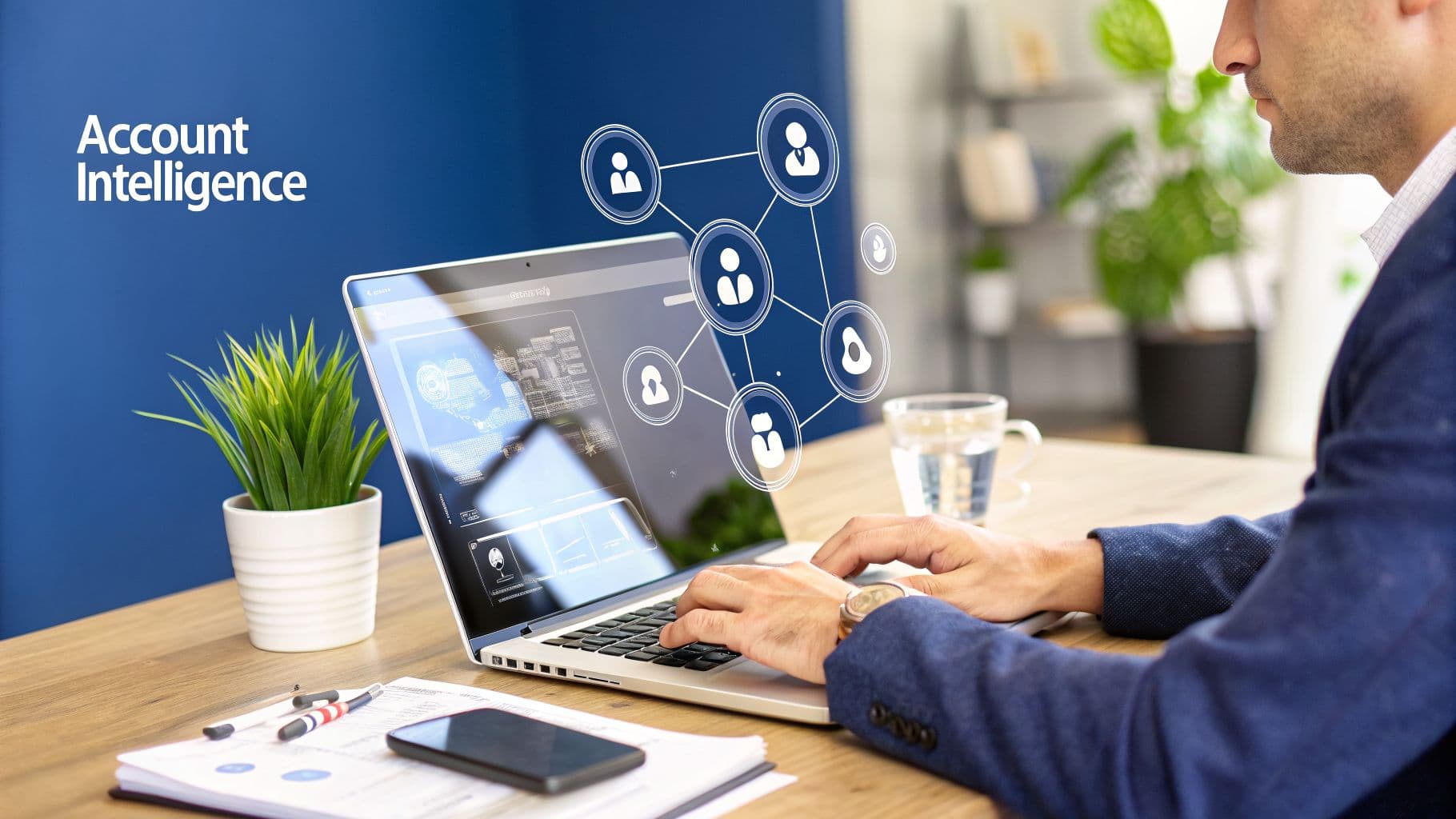 Businessman using a laptop displaying 'Account Intelligence' and a network of user icons.