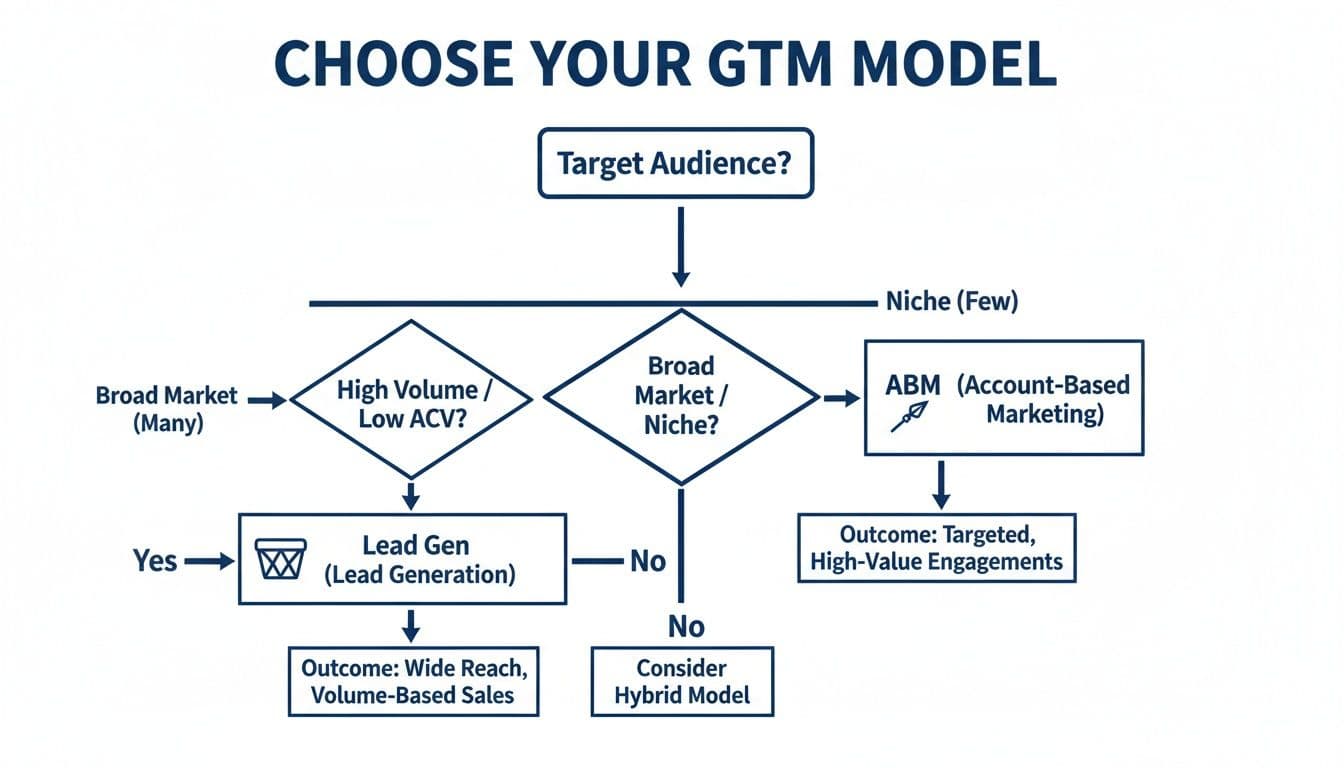 Flowchart illustrating how to choose a Go-To-Market (GTM) model based on target audience, ACV, and volume.