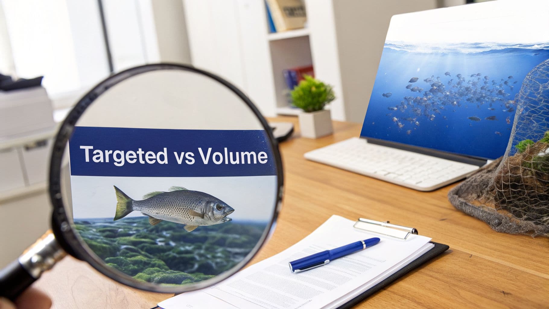 A magnifying glass highlights "Targeted vs Volume" with a single fish, contrasting with a laptop showing many fish and a net.