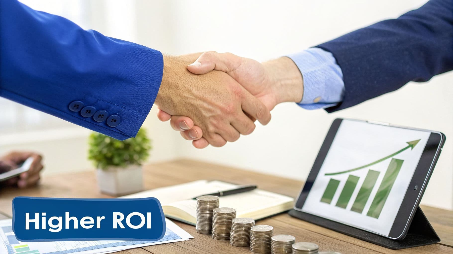 Two businessmen shake hands over a table with growing coin stacks and a tablet showing a rising graph and 'Higher ROI'.