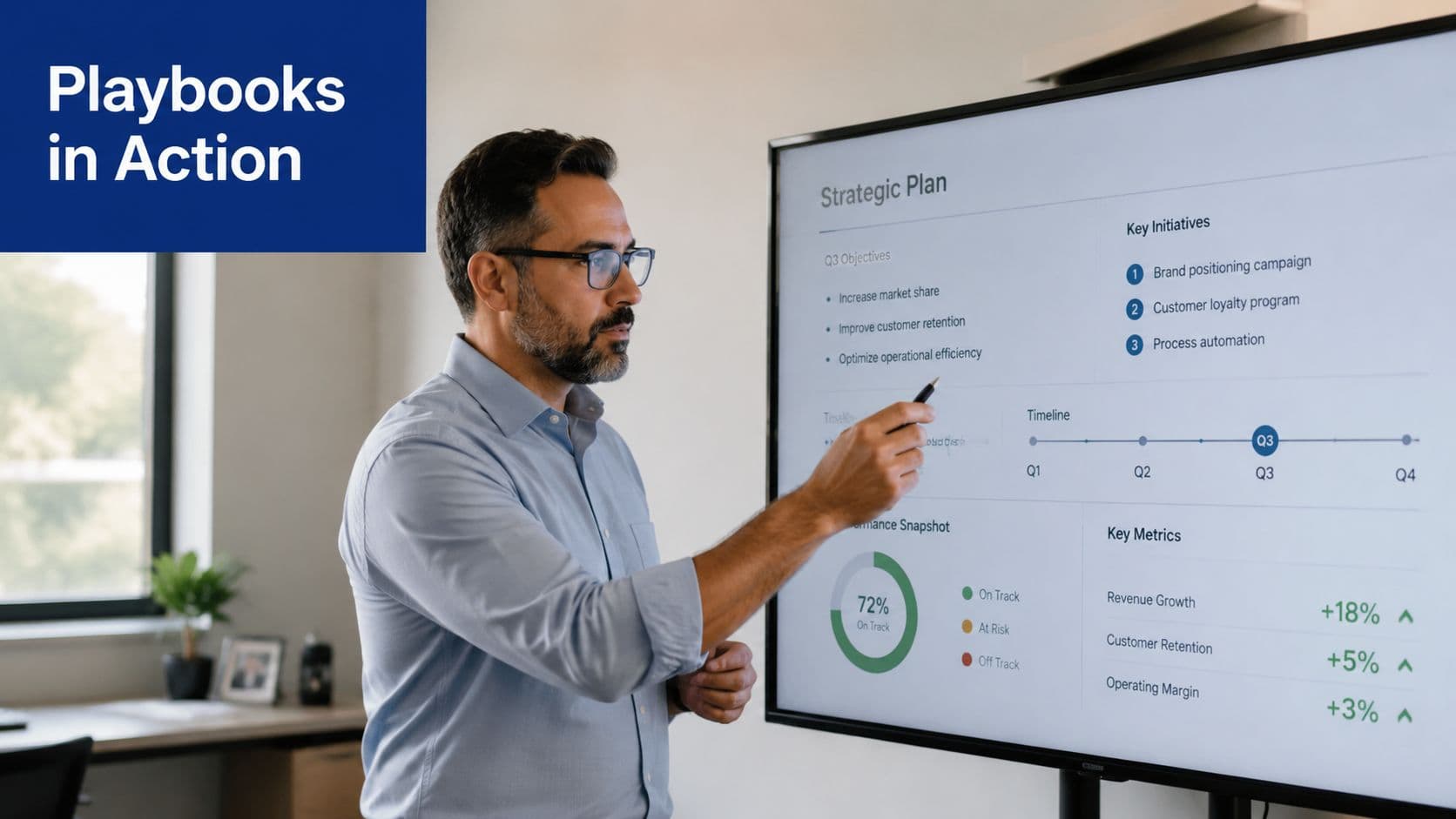 A professional man explaining a strategic plan presentation on a digital screen in a modern office.