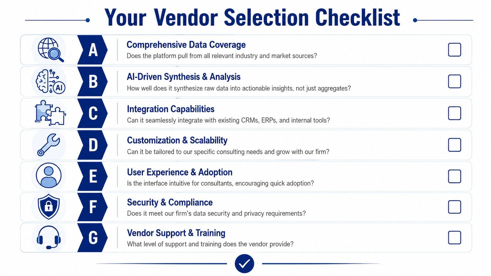 A checklist chart titled Your Vendor Selection Checklist with seven essential criteria for consulting firm software evaluation.