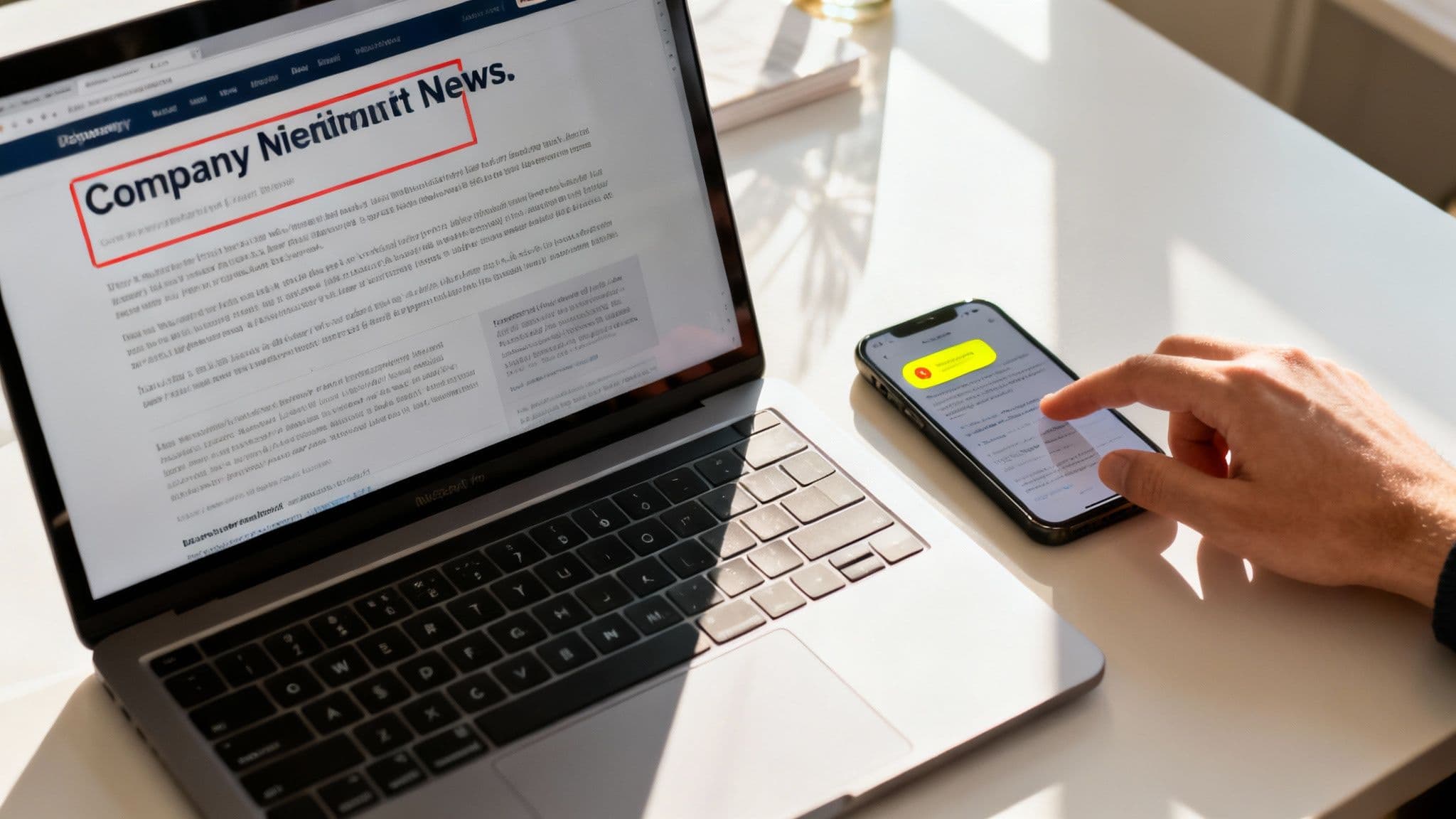 A person's hand interacts with a smartphone while a laptop displays a news website on a desk.