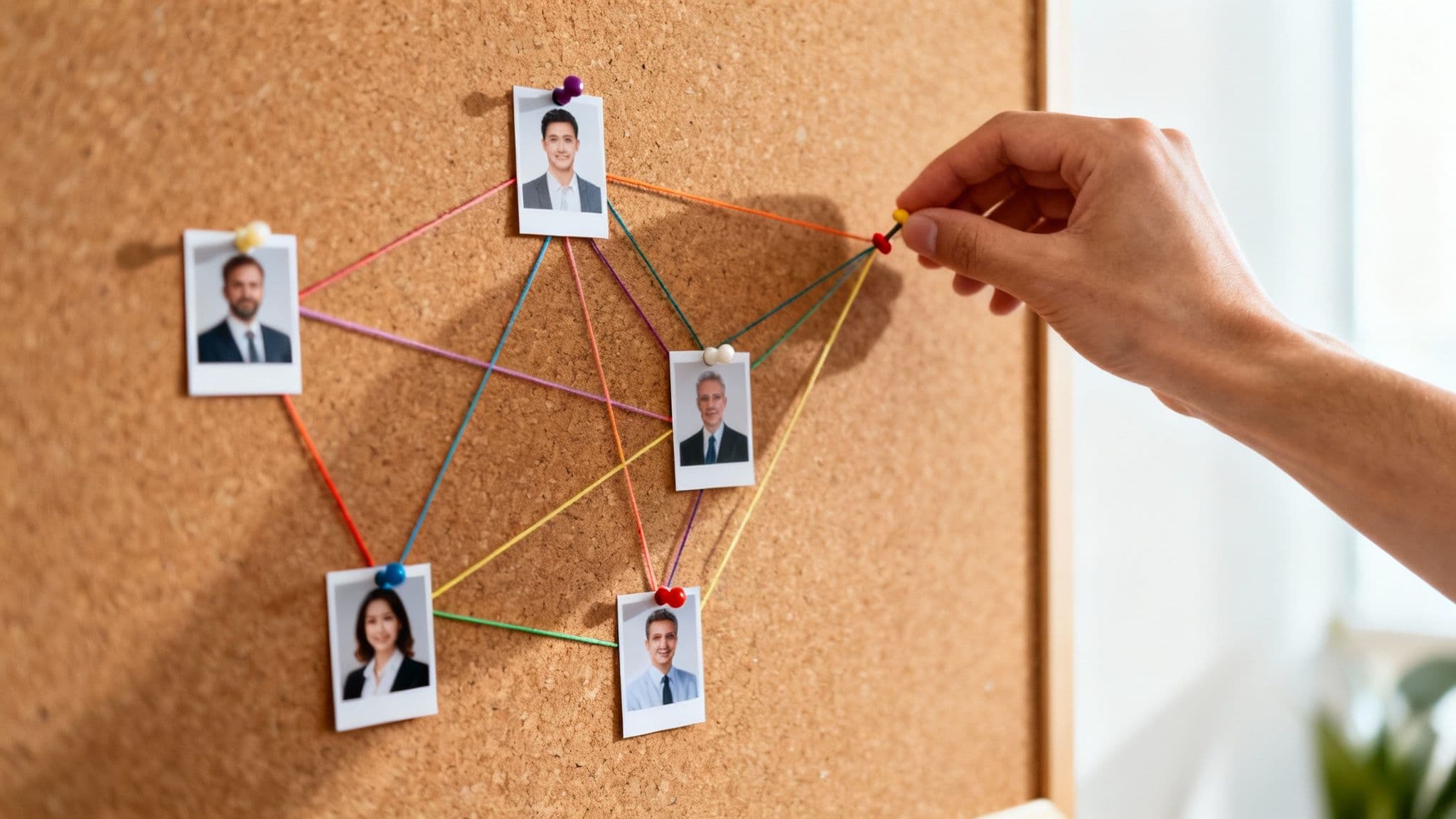 A hand connects photos of people on a cork board with colorful strings, illustrating team networking.